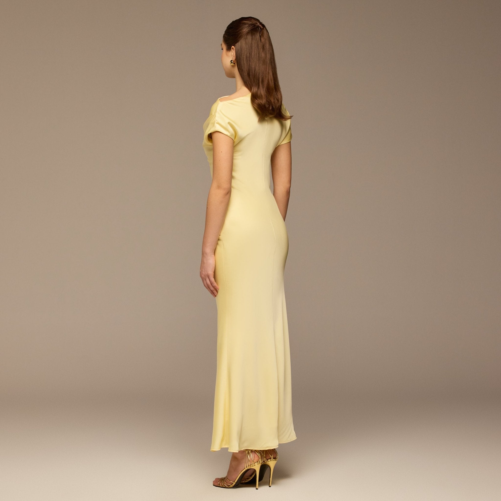 Light Yellow Draped Neckline Satin Maxi Dress - shopaleena