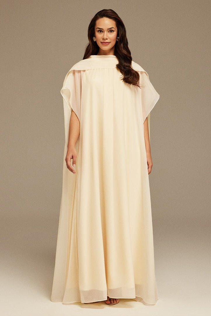 Light yellow Halter Neckline Maxi Dress With Cape with scarf - shopaleena