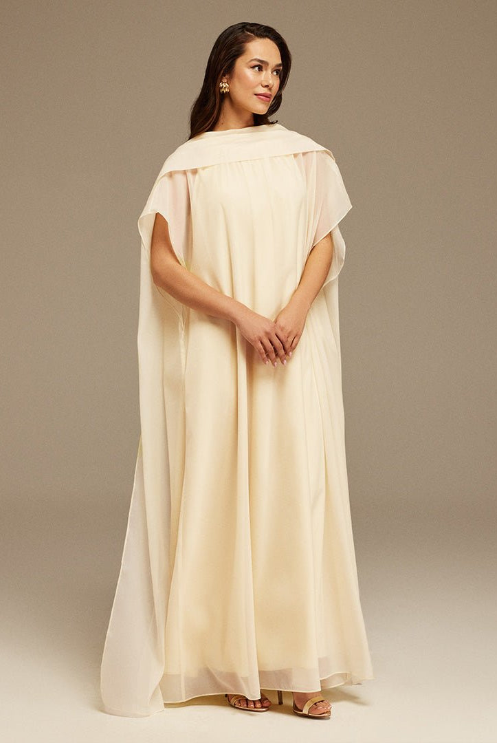 Light yellow Halter Neckline Maxi Dress With Cape with scarf - shopaleena