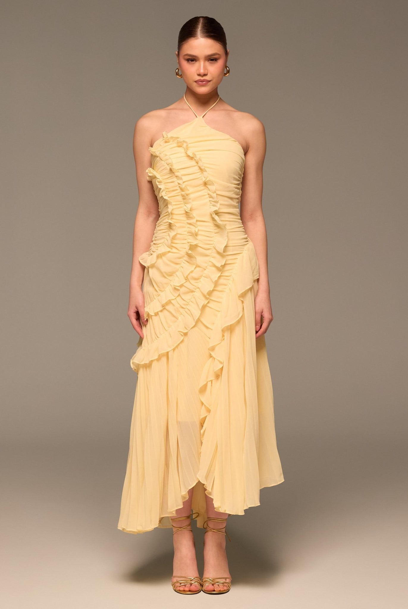 Light Yellow Halter Ruffle Chiffon Dress - shopaleena