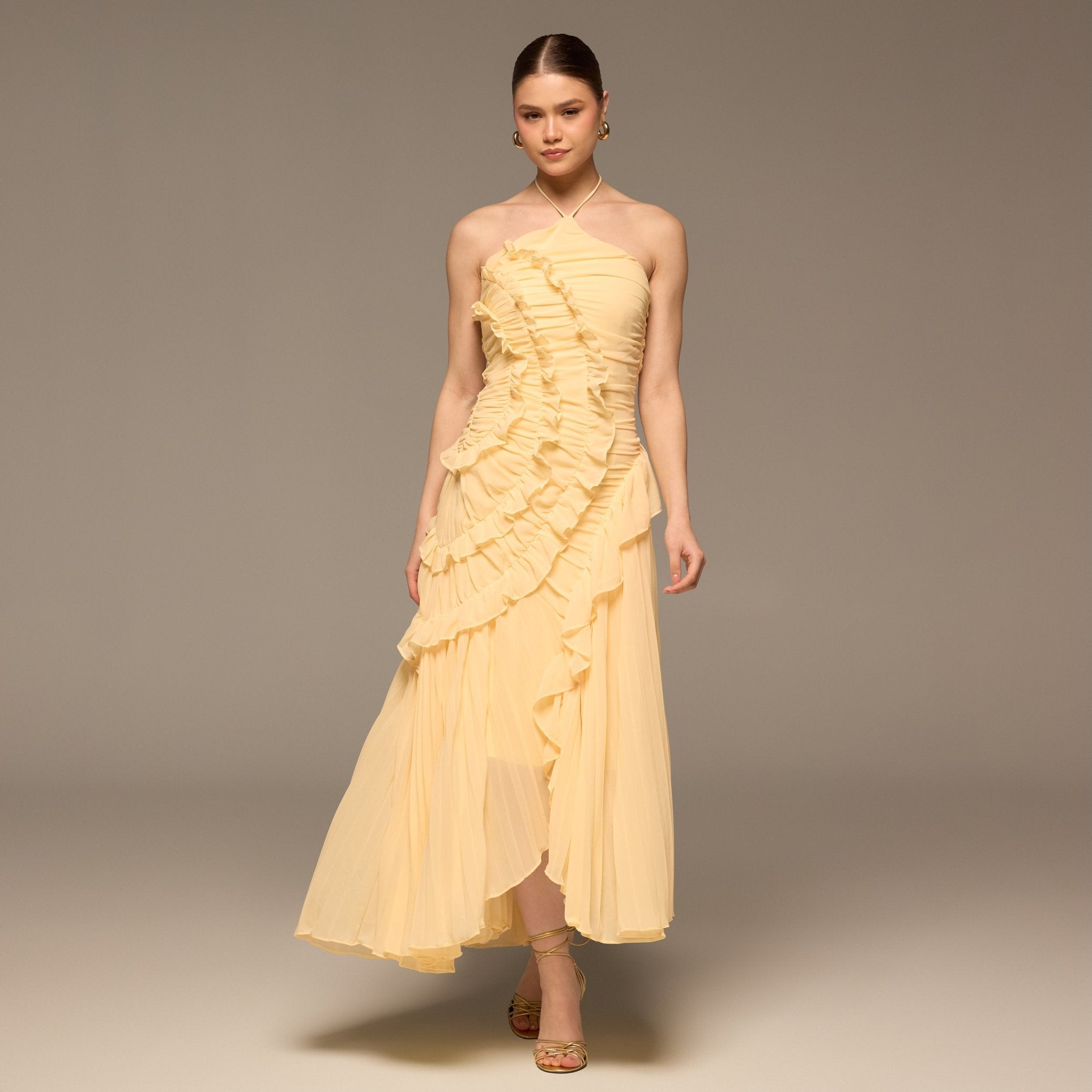 Light Yellow Halter Ruffle Chiffon Dress - shopaleena