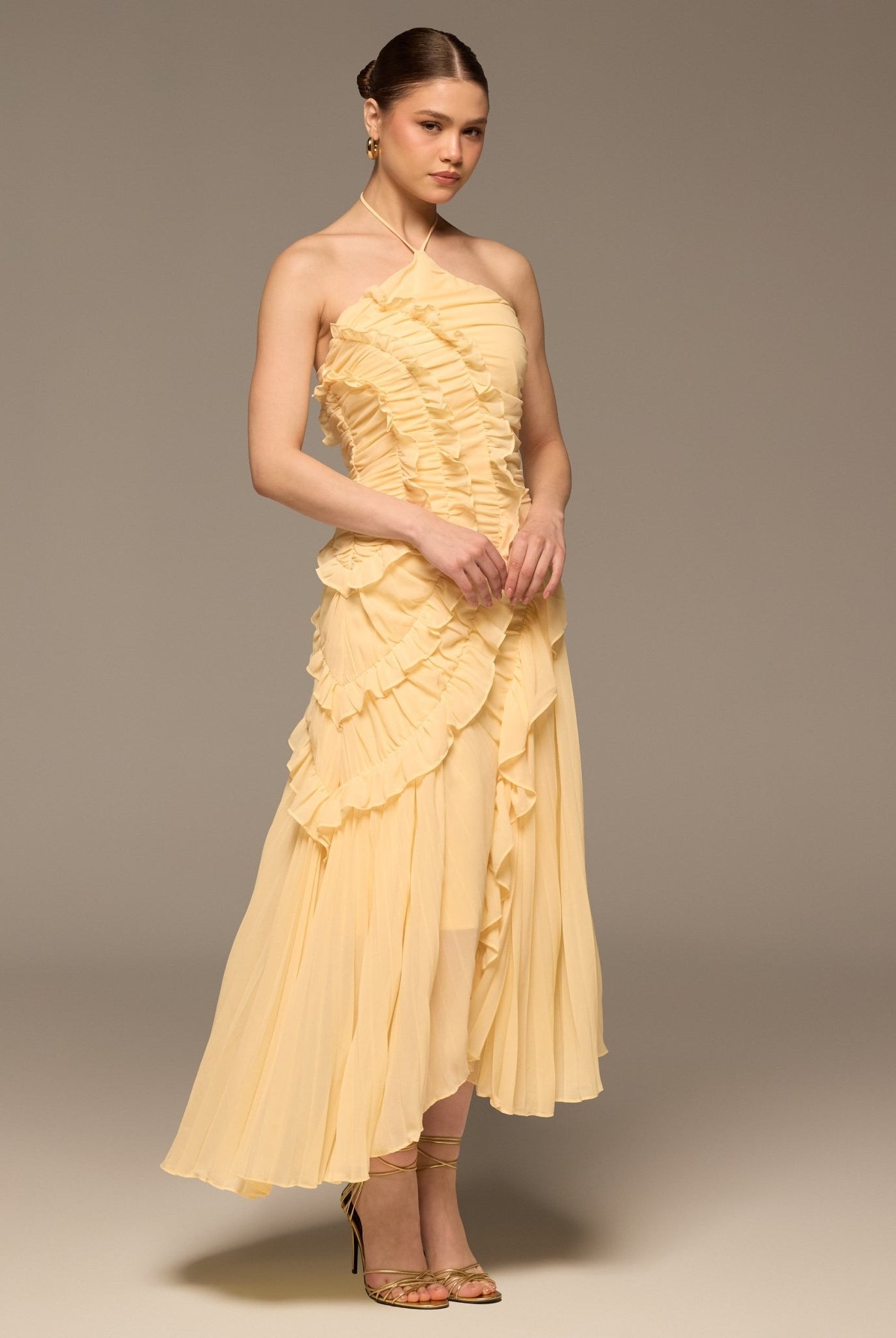 Light Yellow Halter Ruffle Chiffon Dress - shopaleena