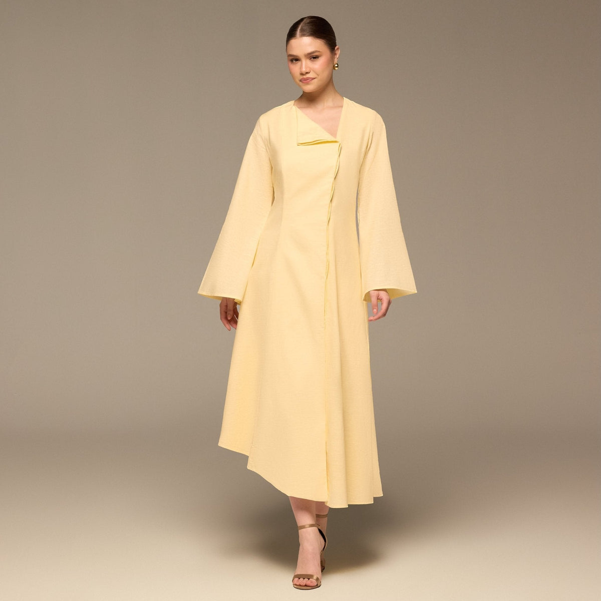 Light Yellow Linen Button-Front Flared Dress - shopaleena