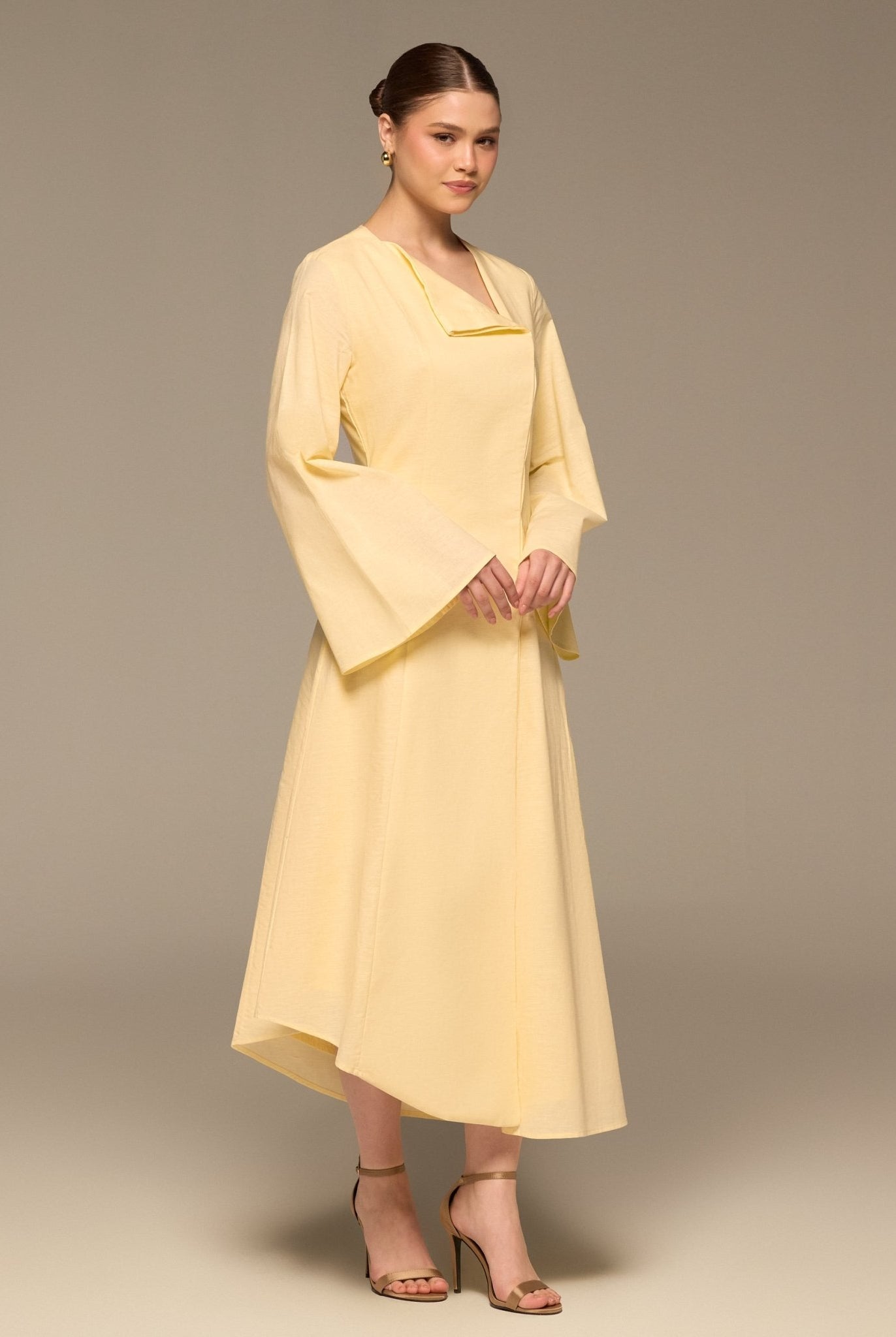 Light Yellow Linen Button-Front Flared Dress - shopaleena