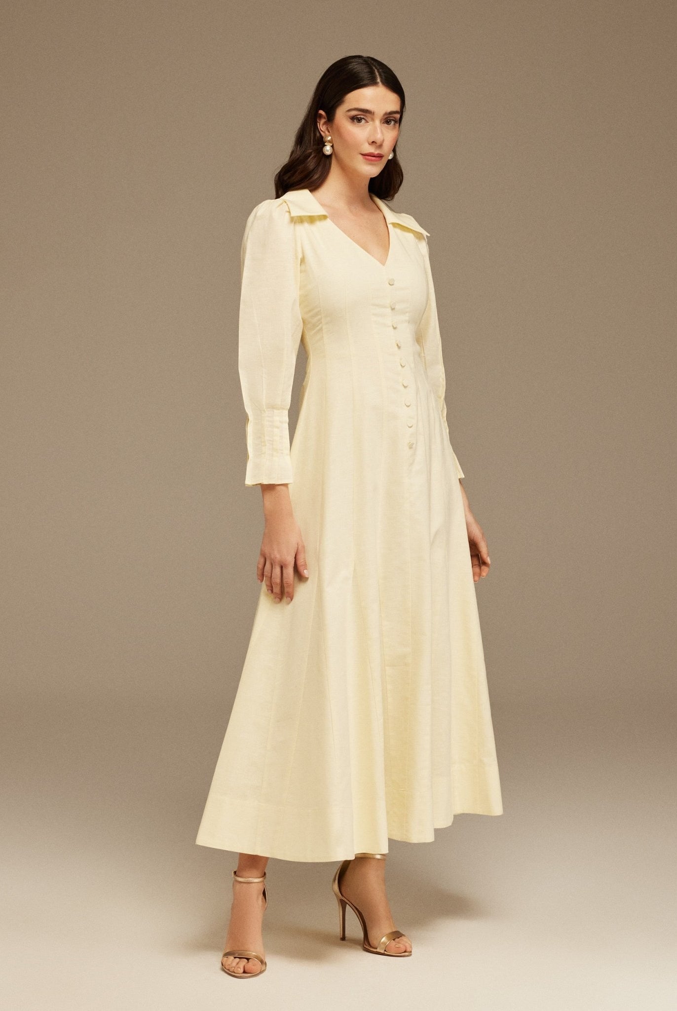 Light Yellow Long Sleeve Shirt Maxi Dress - shopaleena