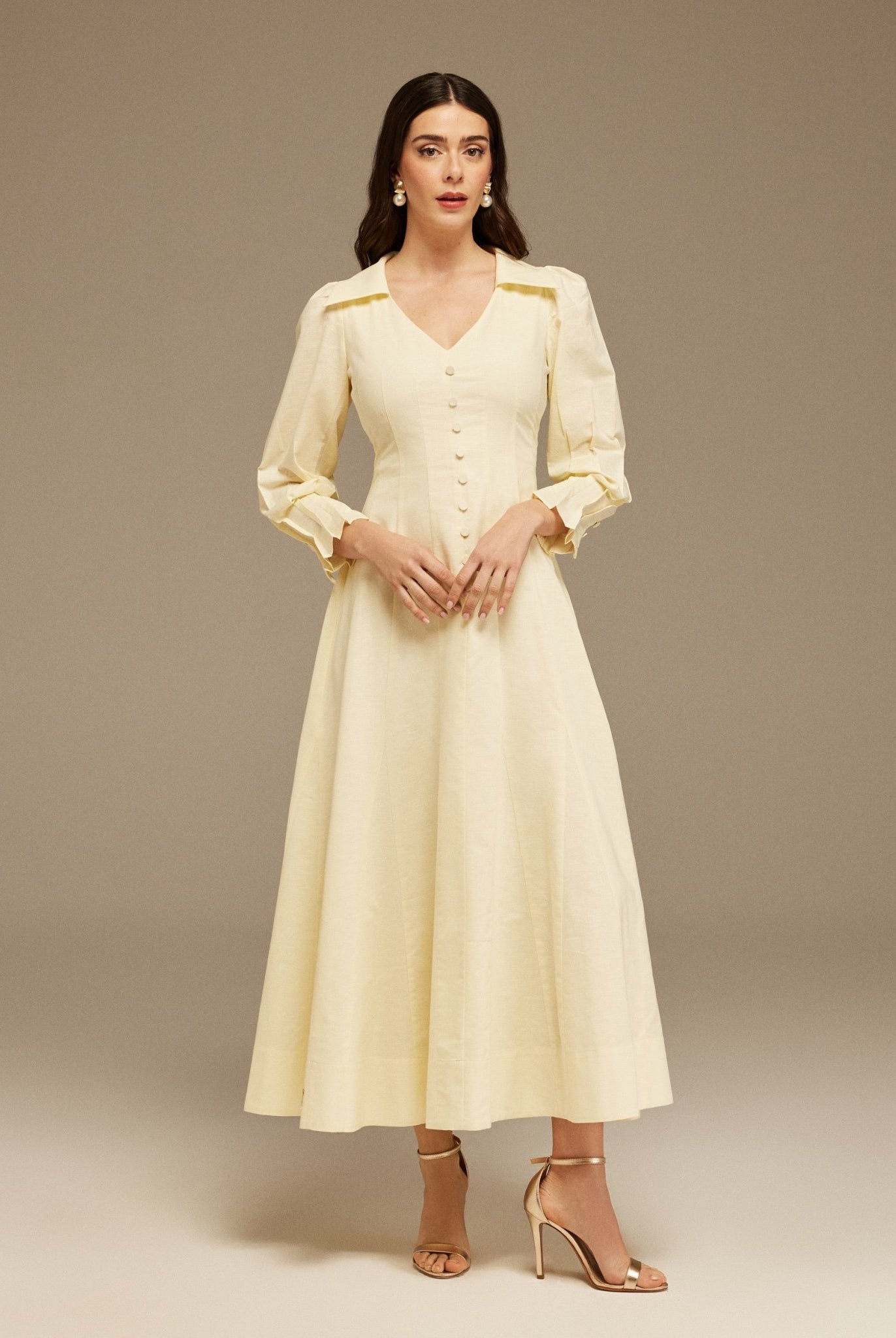 Light Yellow Long Sleeve Shirt Maxi Dress - shopaleena