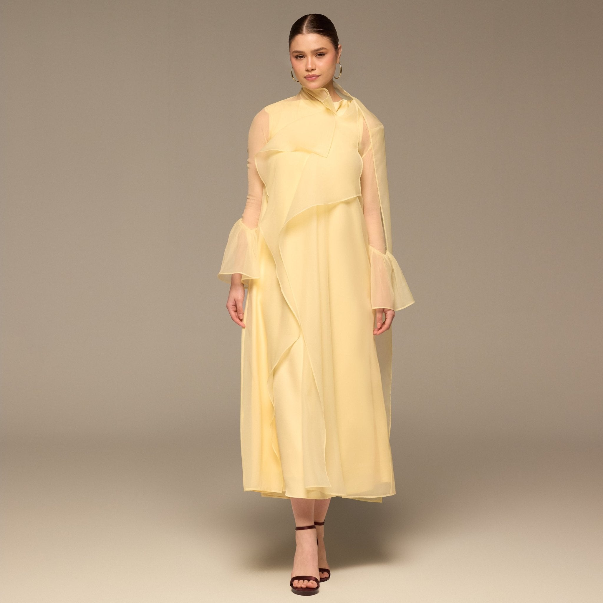 Light Yellow Satin Maxi Dress with Sheer Overlay - shopaleena