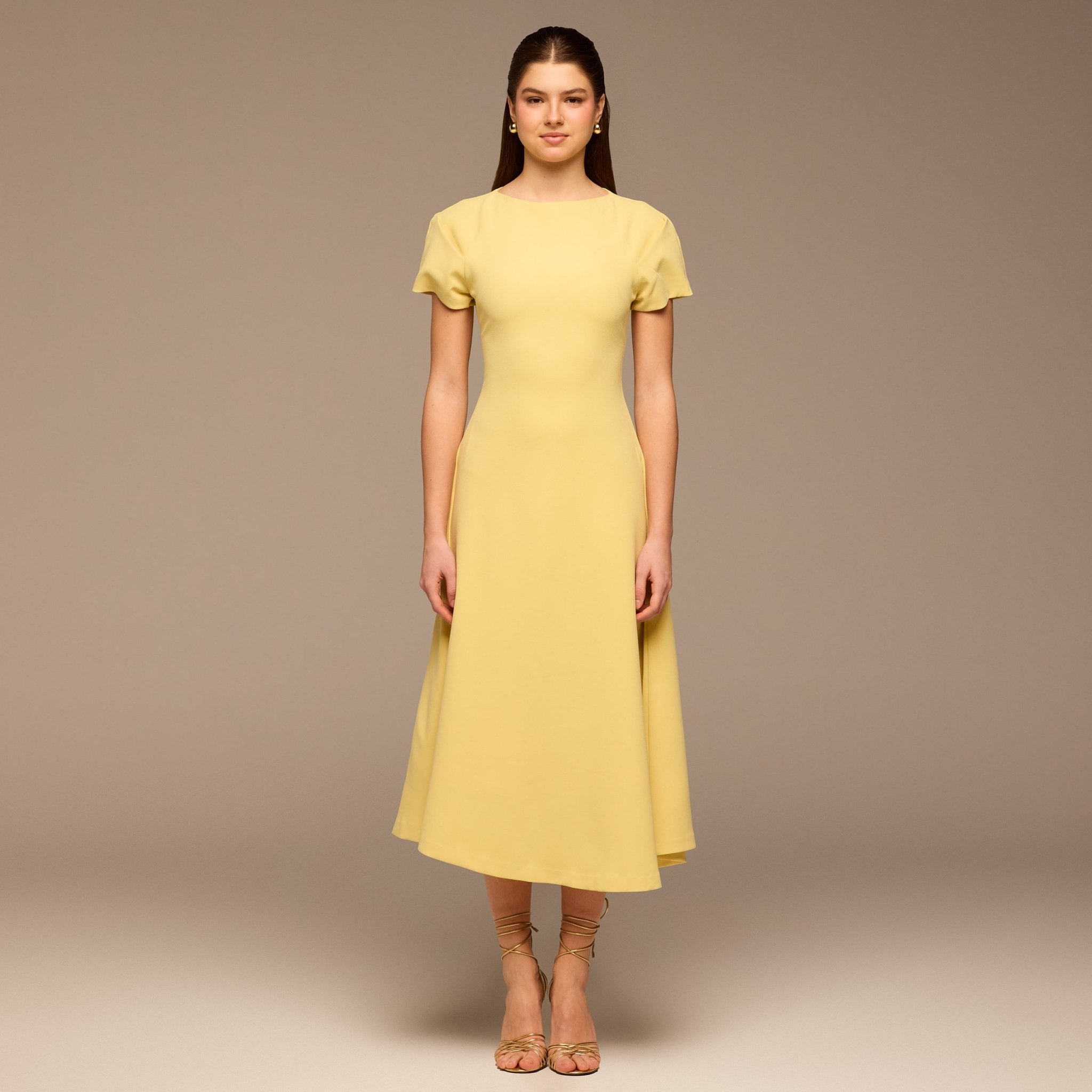 Light Yellow Short Sleeve Crepe Dress - shopaleena