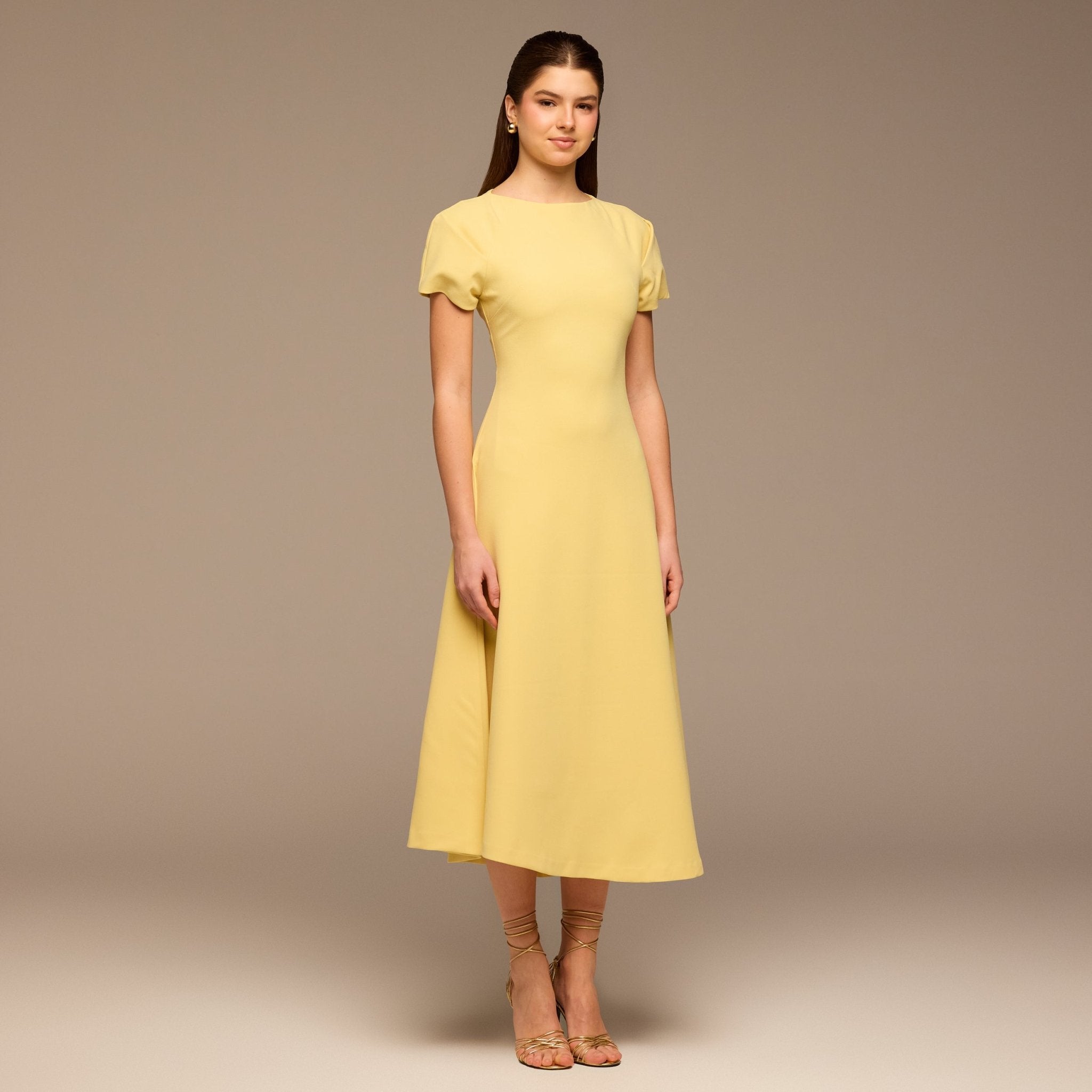 Light Yellow Short Sleeve Crepe Dress - shopaleena