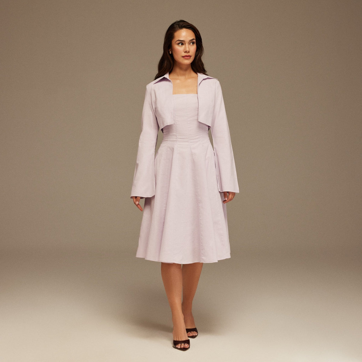 Lilac Aline Midi Dress With Short Flared Long Sleeve Jacket – shopaleena