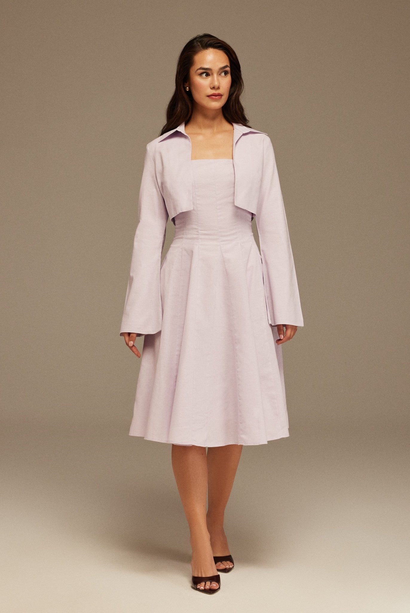 Lilac Aline Midi Dress With Short Flared Long Sleeve Jacket - shopaleena