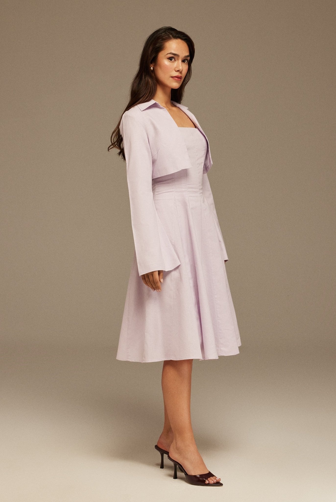 Lilac Aline Midi Dress With Short Flared Long Sleeve Jacket - shopaleena