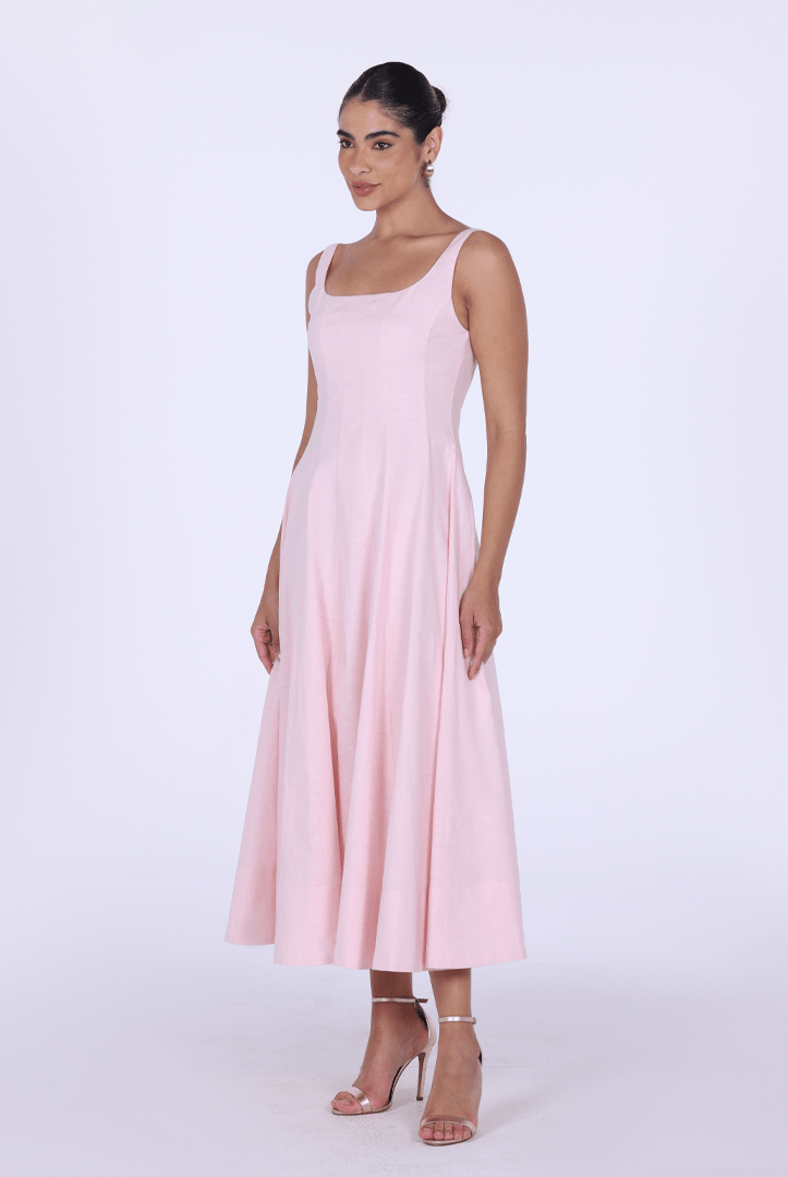 Linen Blend A - Line Midi Dress - shopaleena