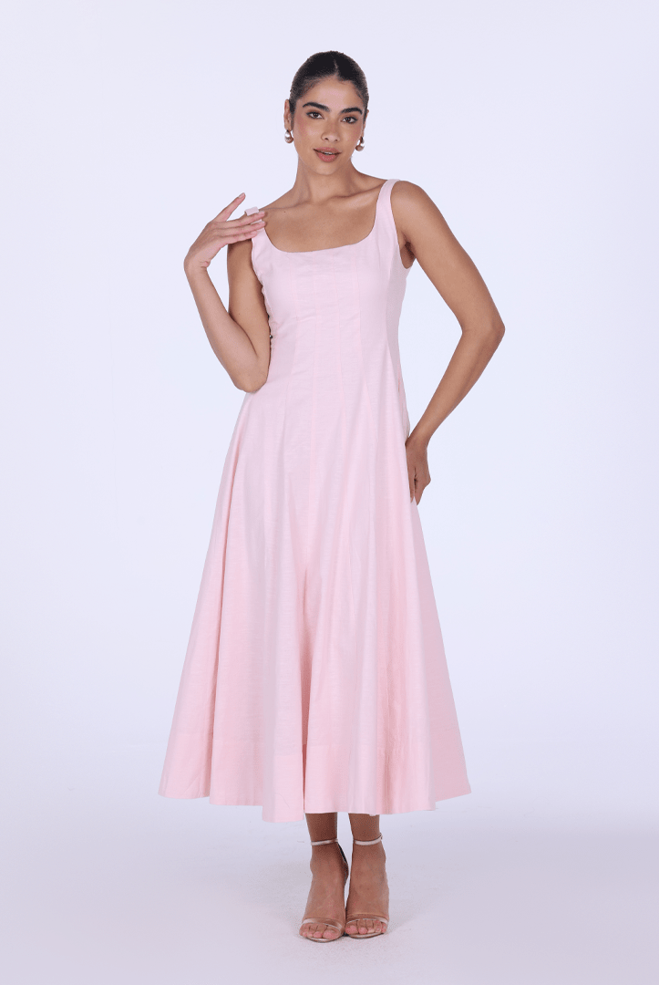 Linen Blend A - Line Midi Dress - shopaleena