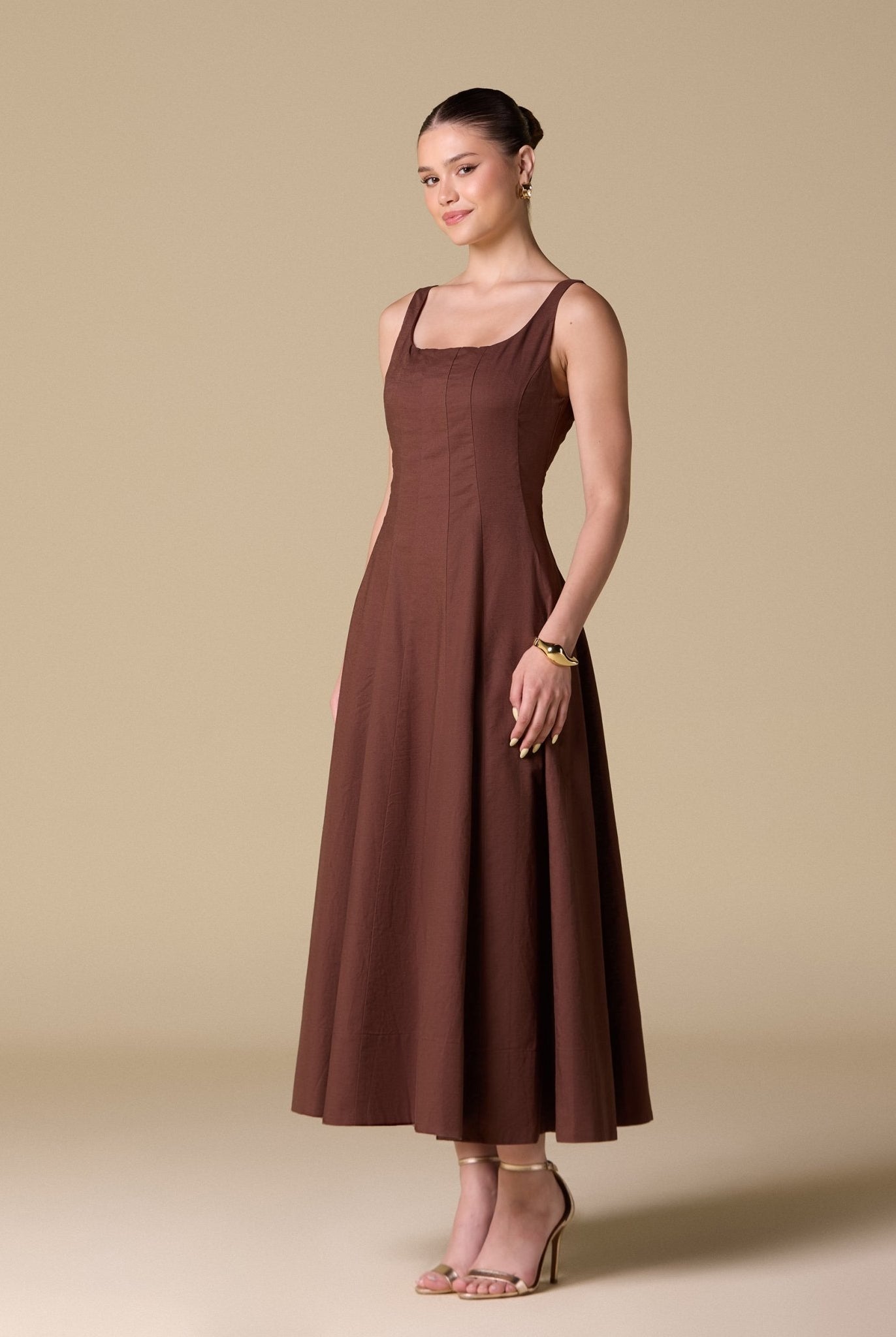Linen Blend A - Line Midi Dress - shopaleena