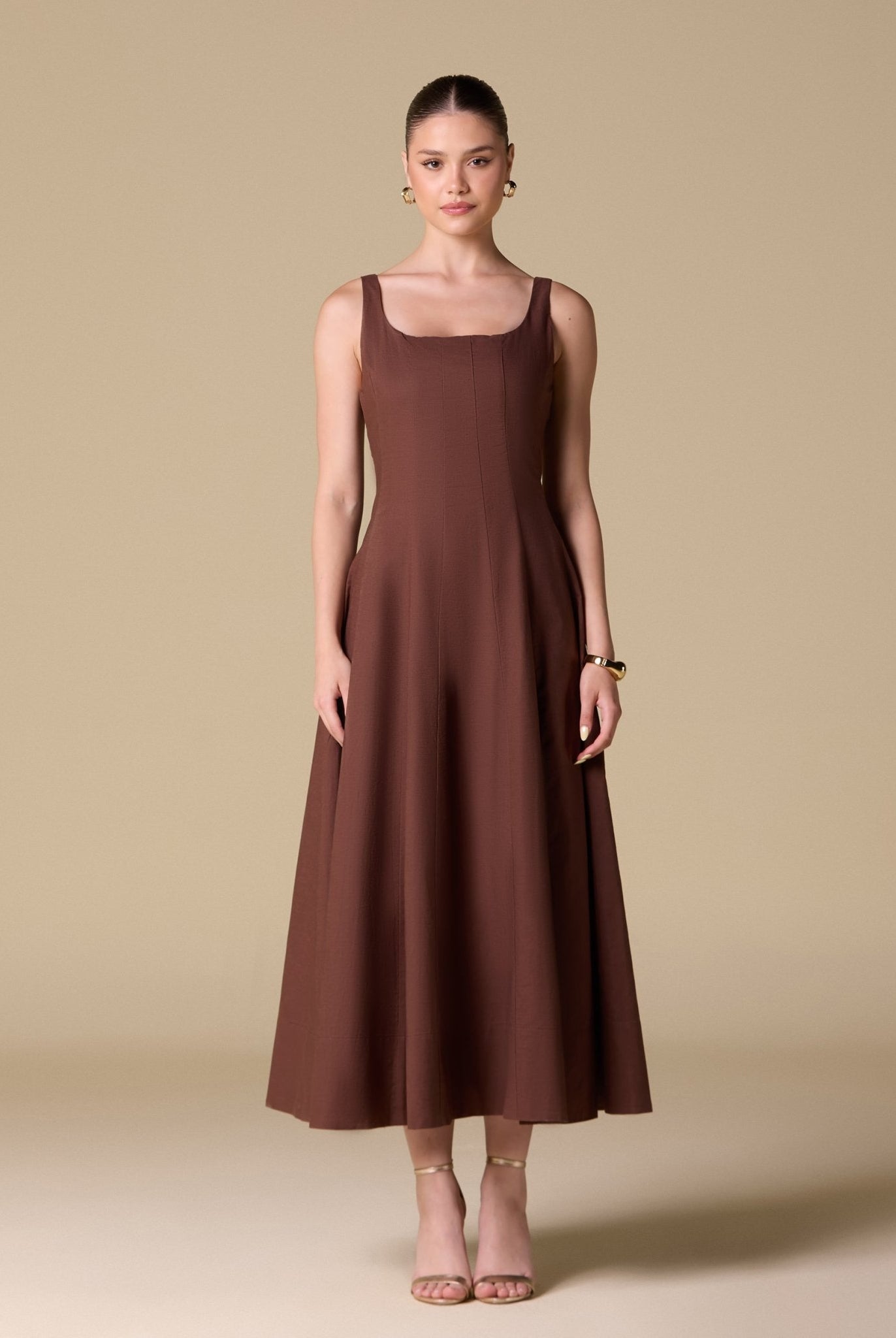 Linen Blend A - Line Midi Dress - shopaleena