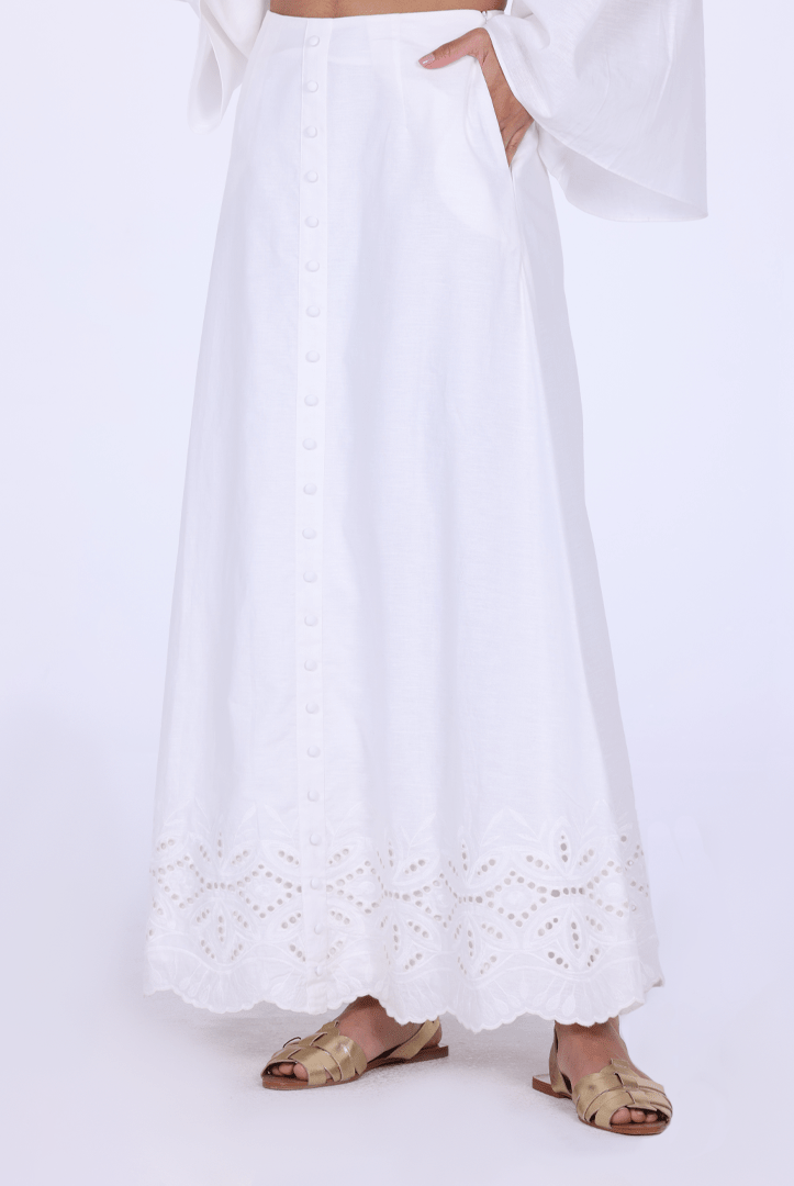 Linen - Blend A - Line Midi Skirt with Front Buttons - shopaleena