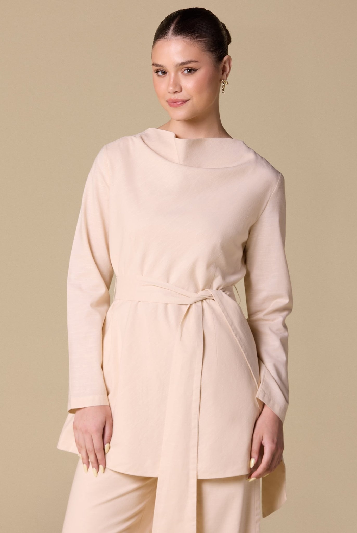 Linen Blend Boat Neck Top with Side Tie - shopaleena