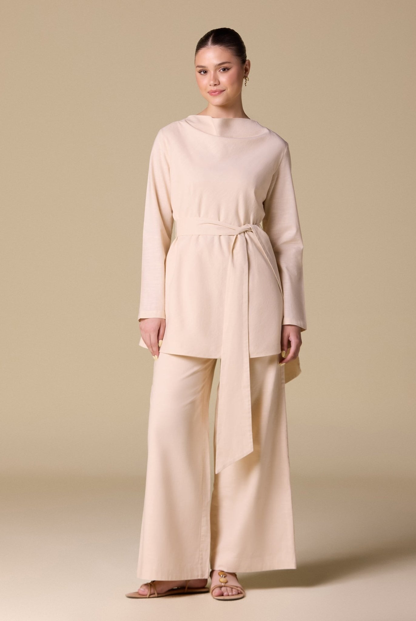 Linen Blend Boat Neck Top with Side Tie - shopaleena