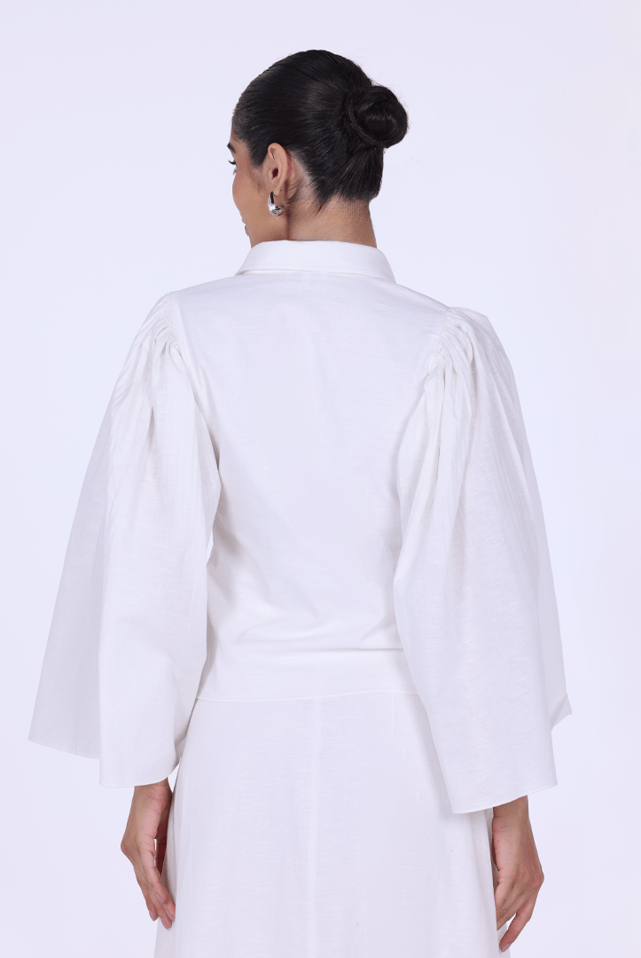 Linen - Blend Top with Pleated Sleeves - shopaleena