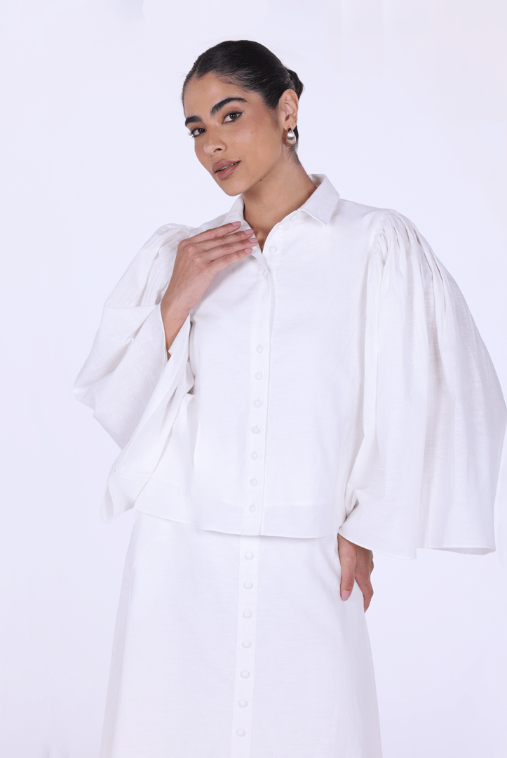 Linen - Blend Top with Pleated Sleeves - shopaleena