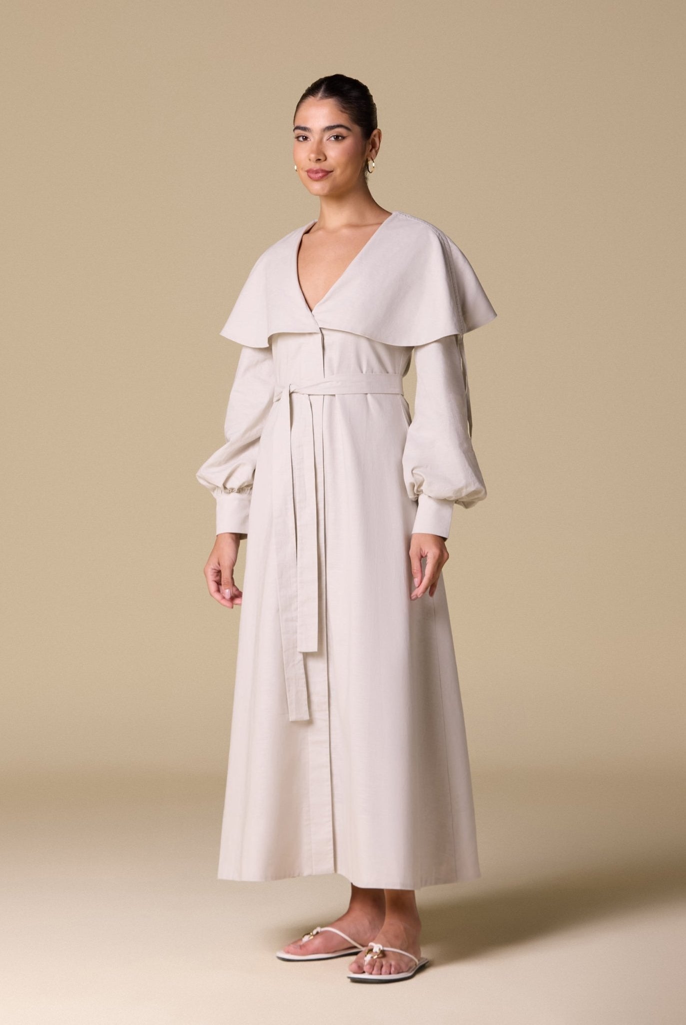 Linen Blend Wide Folded Collar Midi Dress - shopaleena