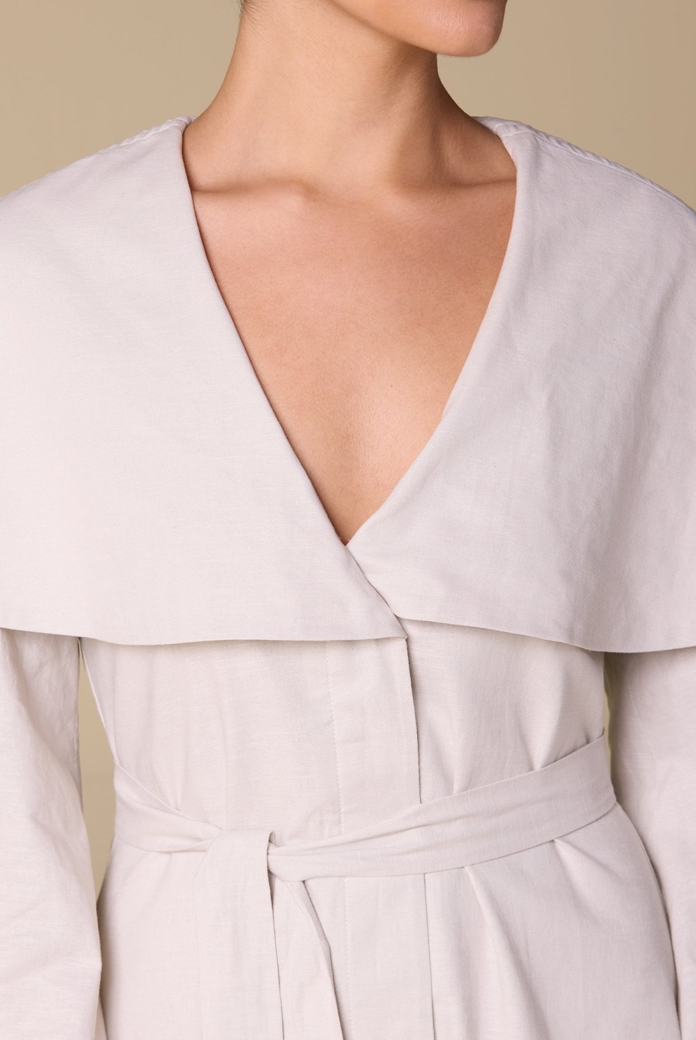 Linen Blend Wide Folded Collar Midi Dress - shopaleena