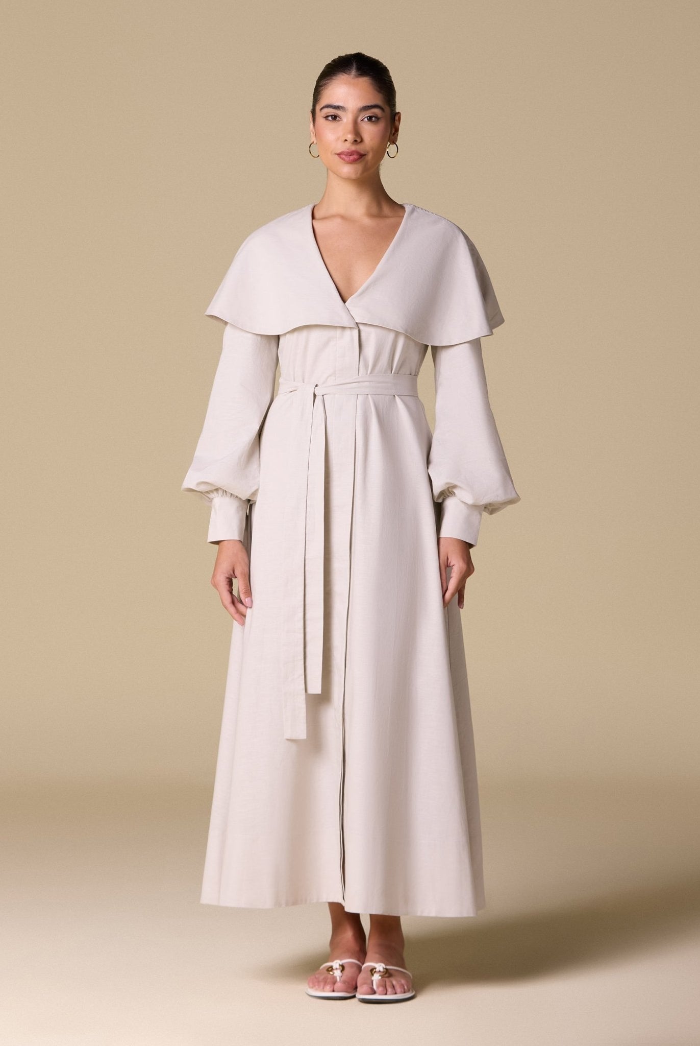 Linen Blend Wide Folded Collar Midi Dress - shopaleena