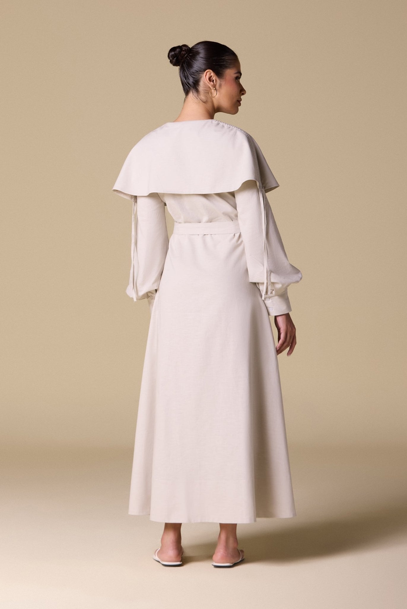Linen Blend Wide Folded Collar Midi Dress - shopaleena