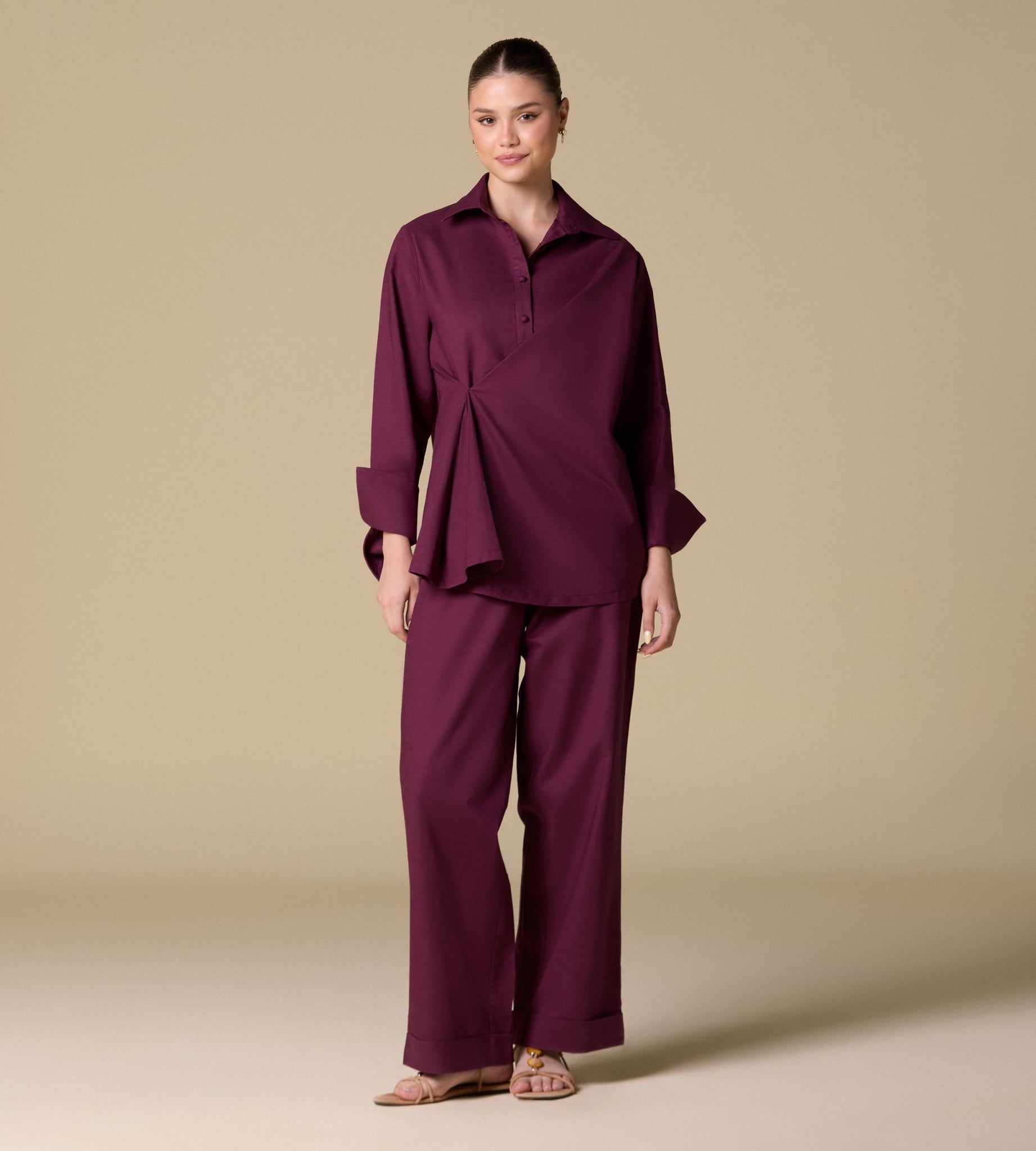 Linen Cuffed Shirt with Side Button - shopaleena