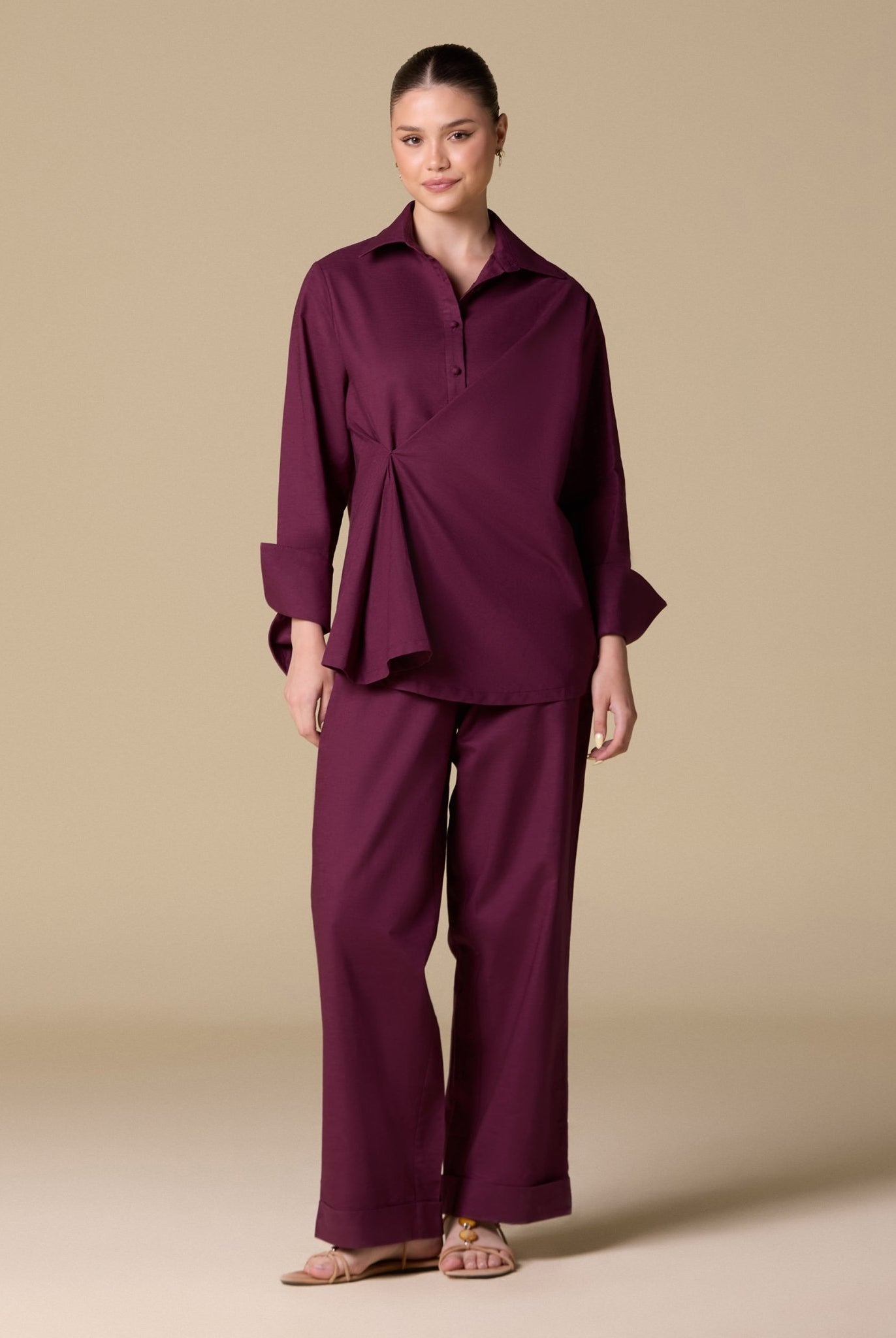 Linen Cuffed Shirt with Side Button - shopaleena