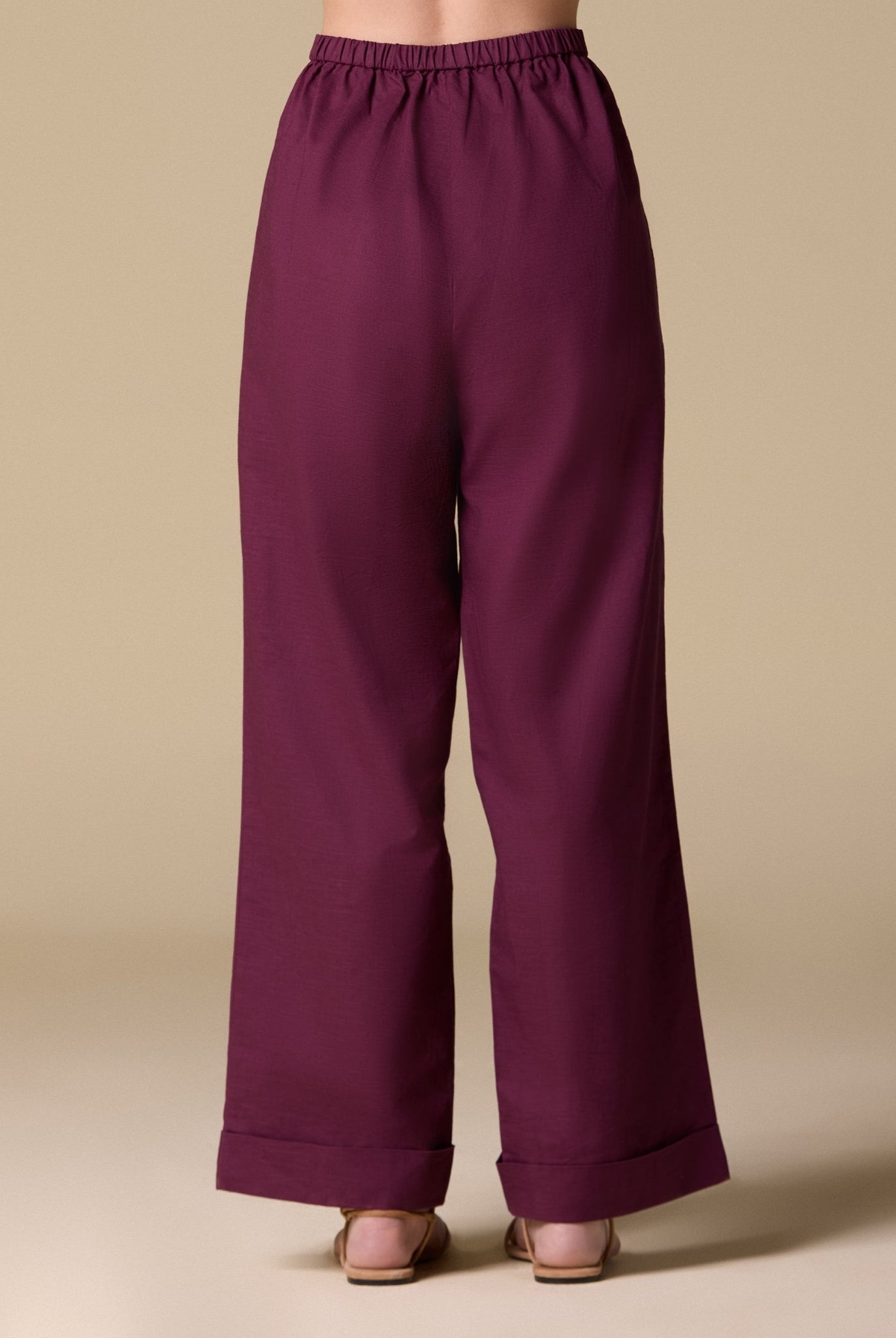 Linen Folded Hem Wide Leg Pants - shopaleena