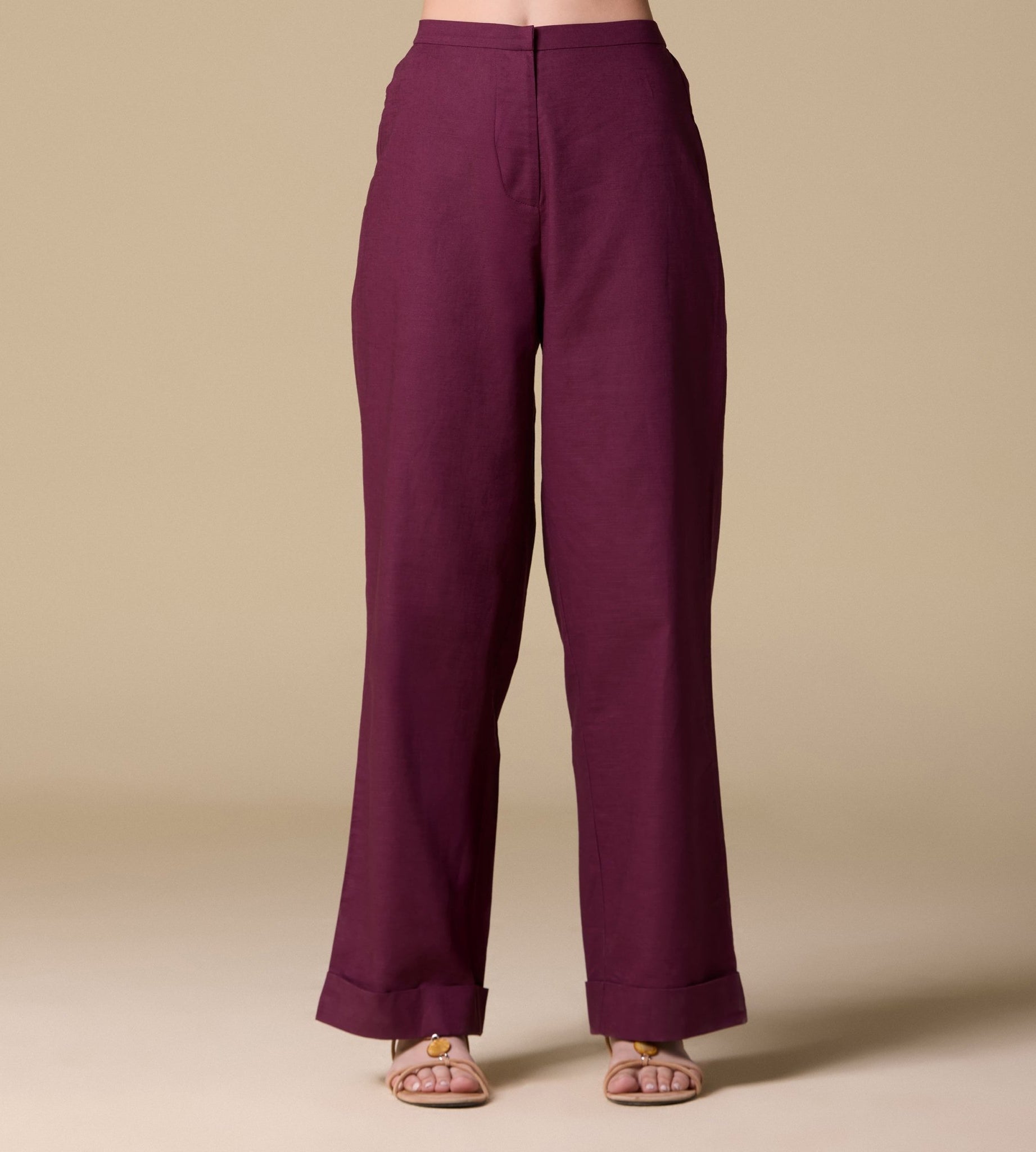 Linen Folded Hem Wide Leg Pants - shopaleena