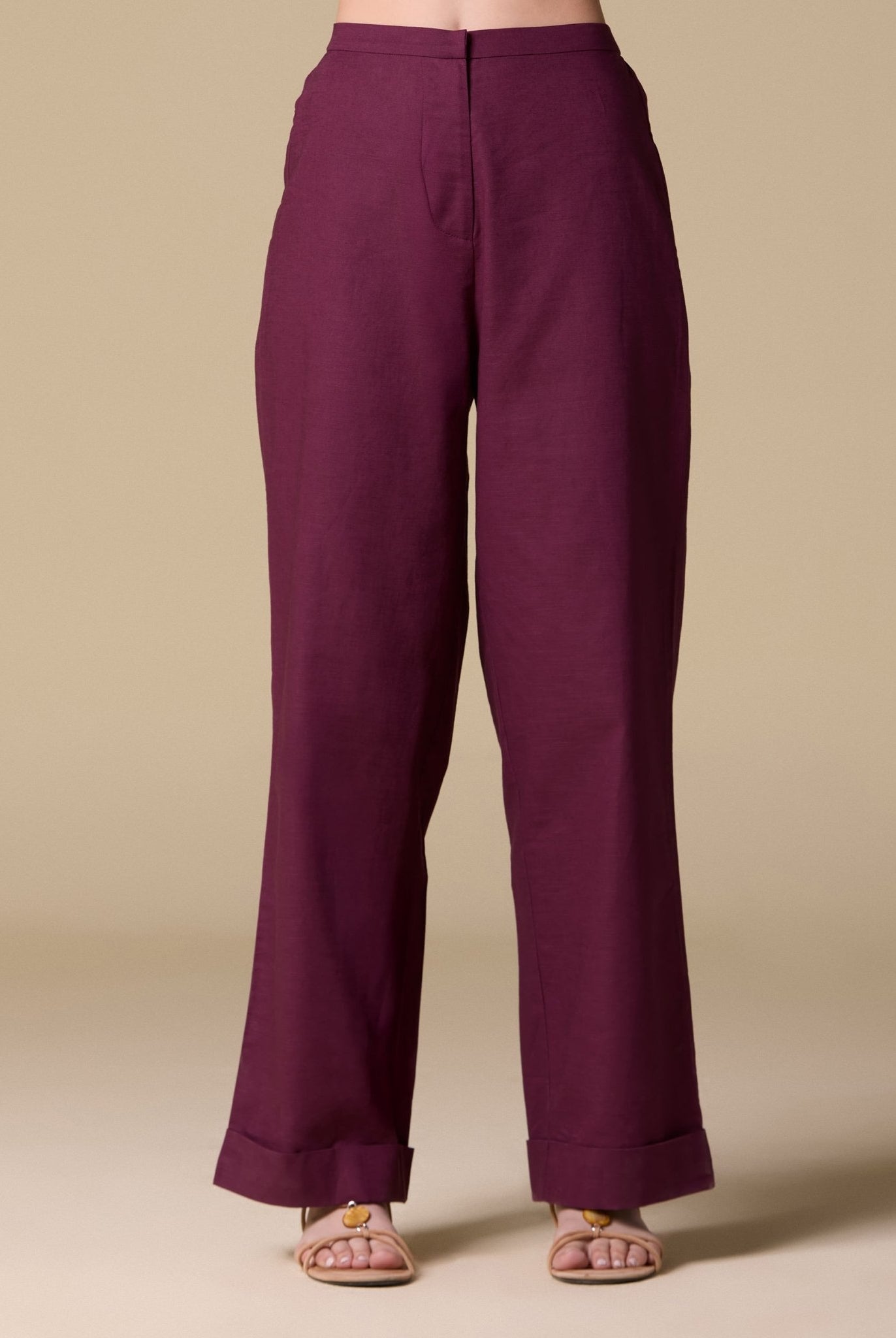 Linen Folded Hem Wide Leg Pants - shopaleena
