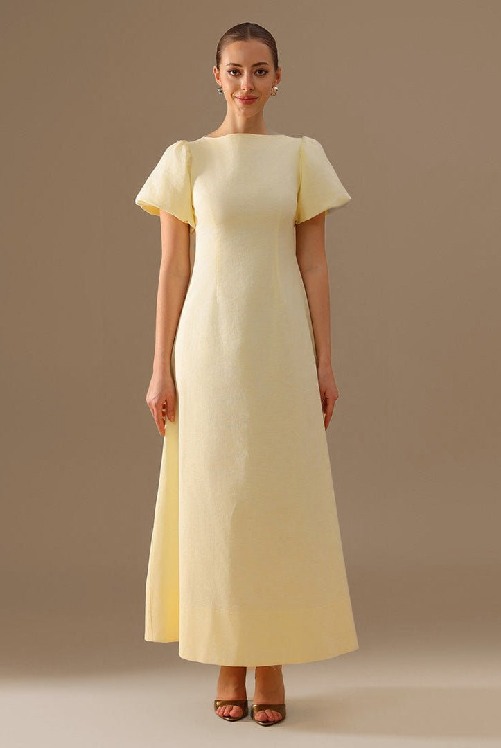Linen Light Yellow Boat Neck Dress with Puff Sleeves and Back Bow - shopaleena