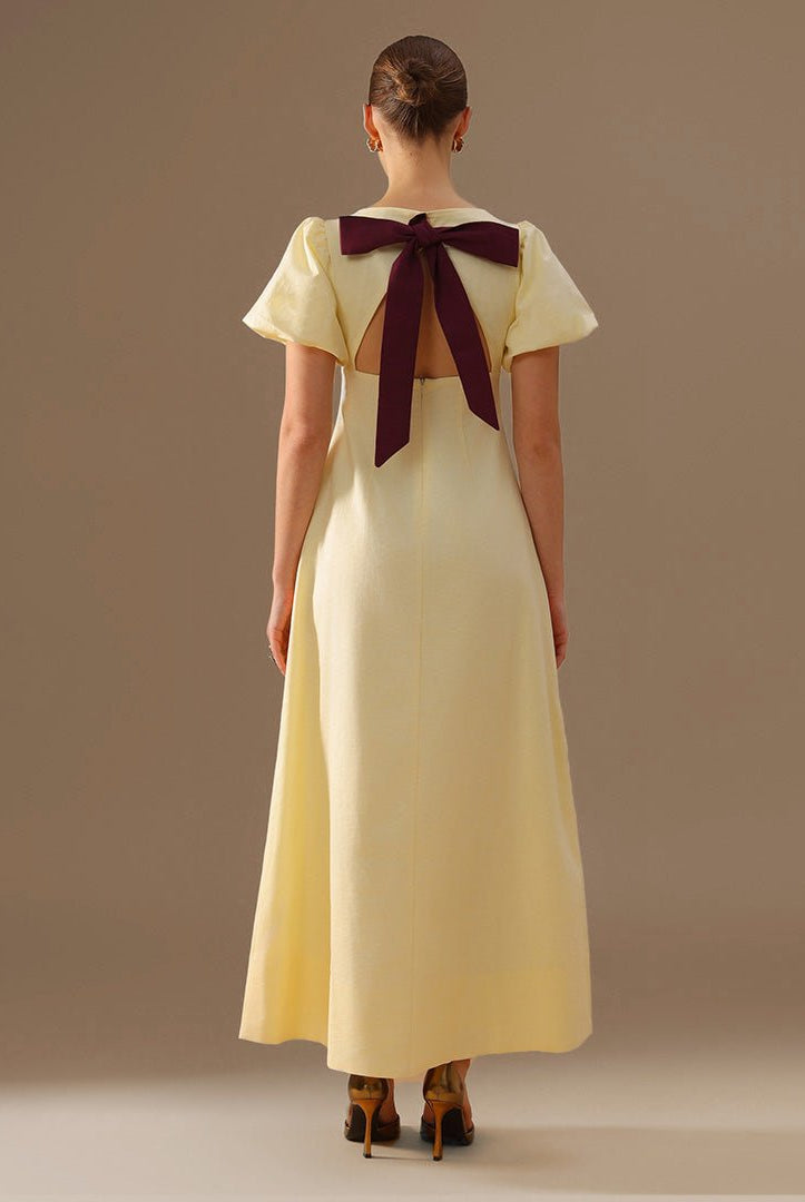 Linen Light Yellow Boat Neck Dress with Puff Sleeves and Back Bow - shopaleena