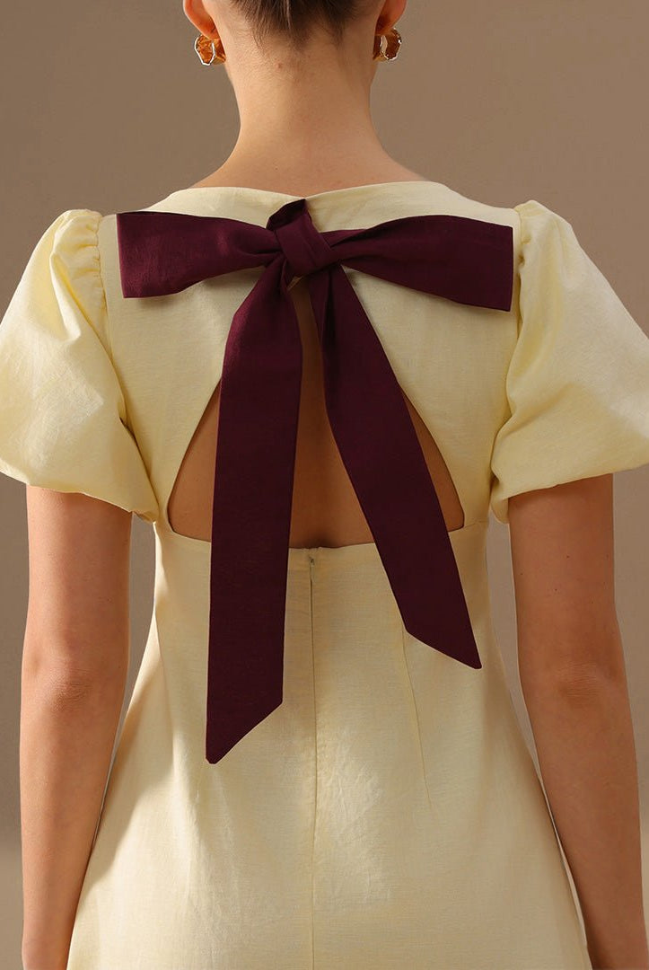 Linen Light Yellow Boat Neck Dress with Puff Sleeves and Back Bow - shopaleena