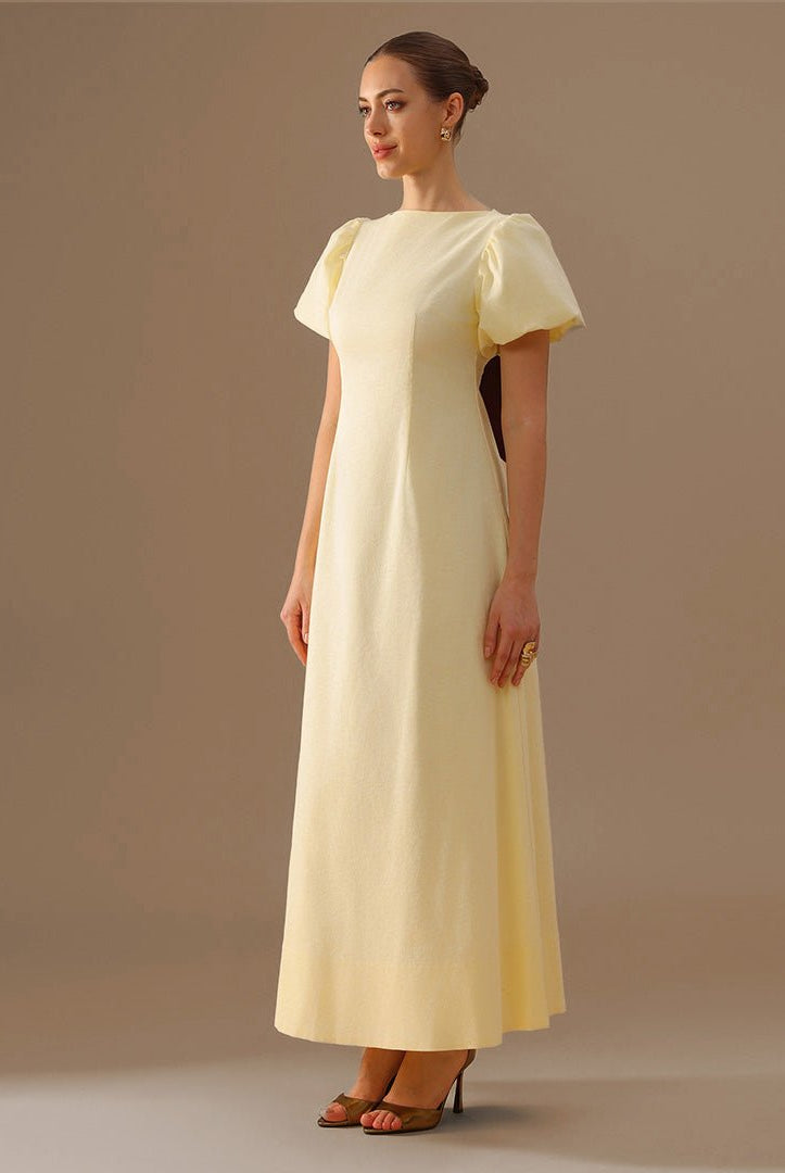 Linen Light Yellow Boat Neck Dress with Puff Sleeves and Back Bow - shopaleena