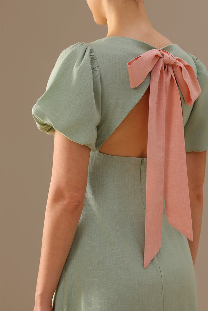 Linen Mint Green & Pink Boat Neck Midi Dress with Puff Sleeves and Back Bow - shopaleena