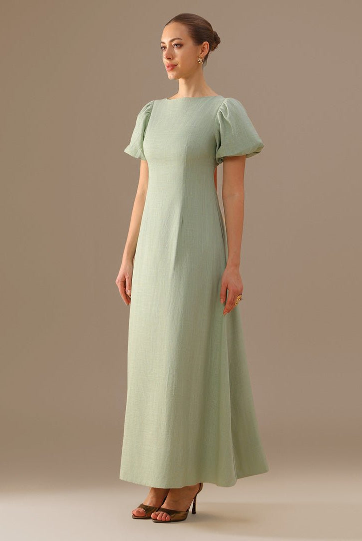 Linen Mint Green & Pink Boat Neck Midi Dress with Puff Sleeves and Back Bow - shopaleena