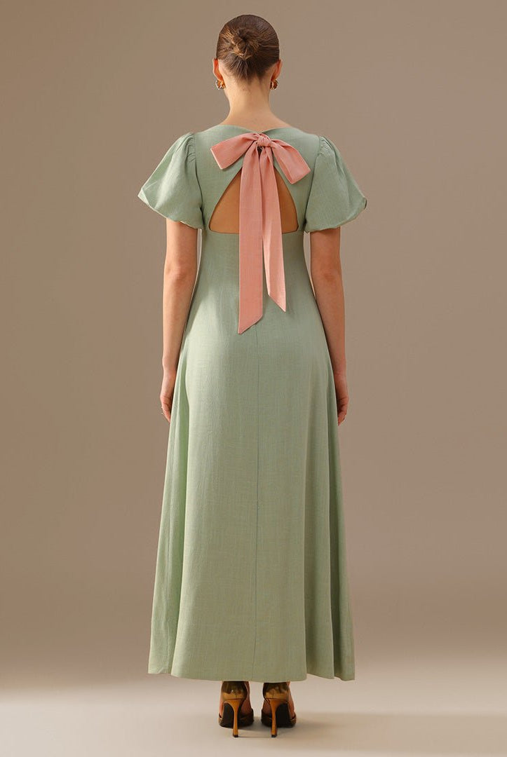 Linen Mint Green & Pink Boat Neck Midi Dress with Puff Sleeves and Back Bow - shopaleena