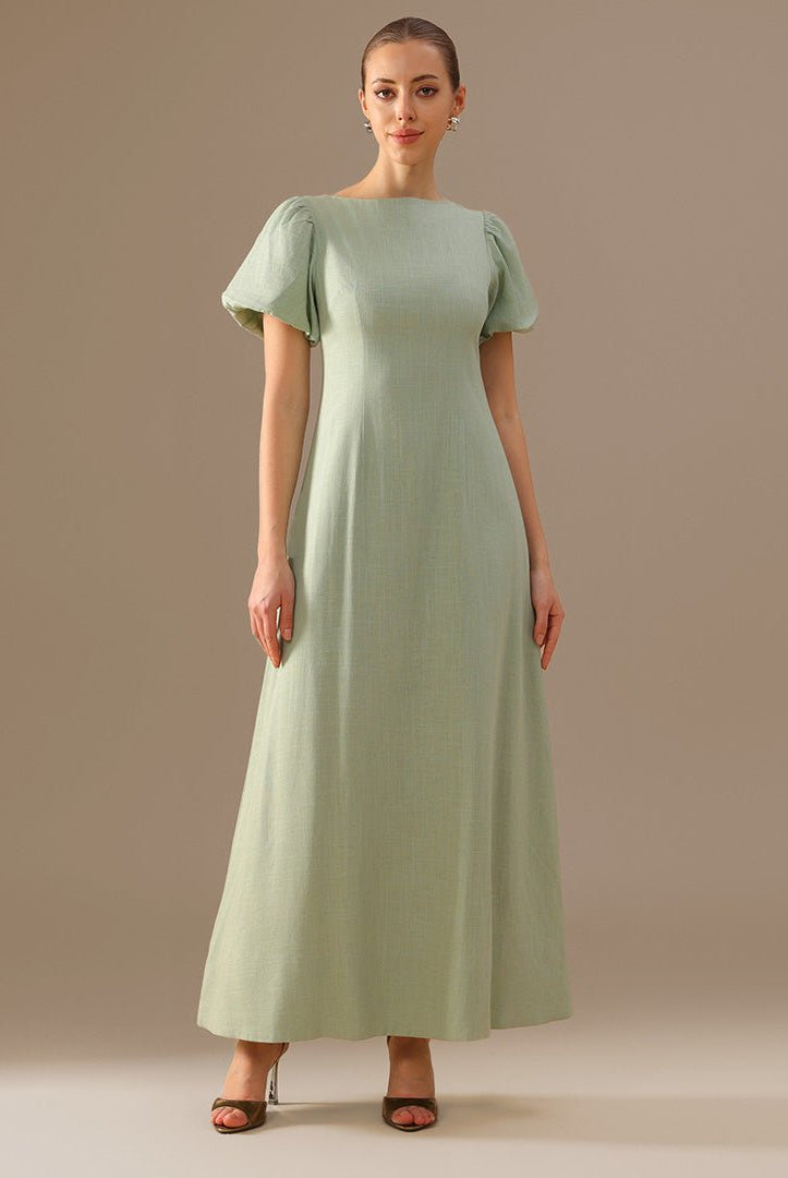 Linen Mint Green & Pink Boat Neck Midi Dress with Puff Sleeves and Back Bow - shopaleena