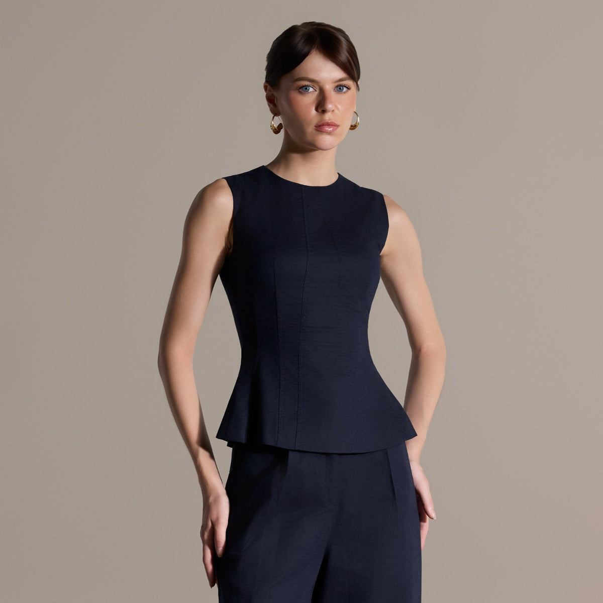 Linen Navy Sleeveless Round Neck Top - shopaleena