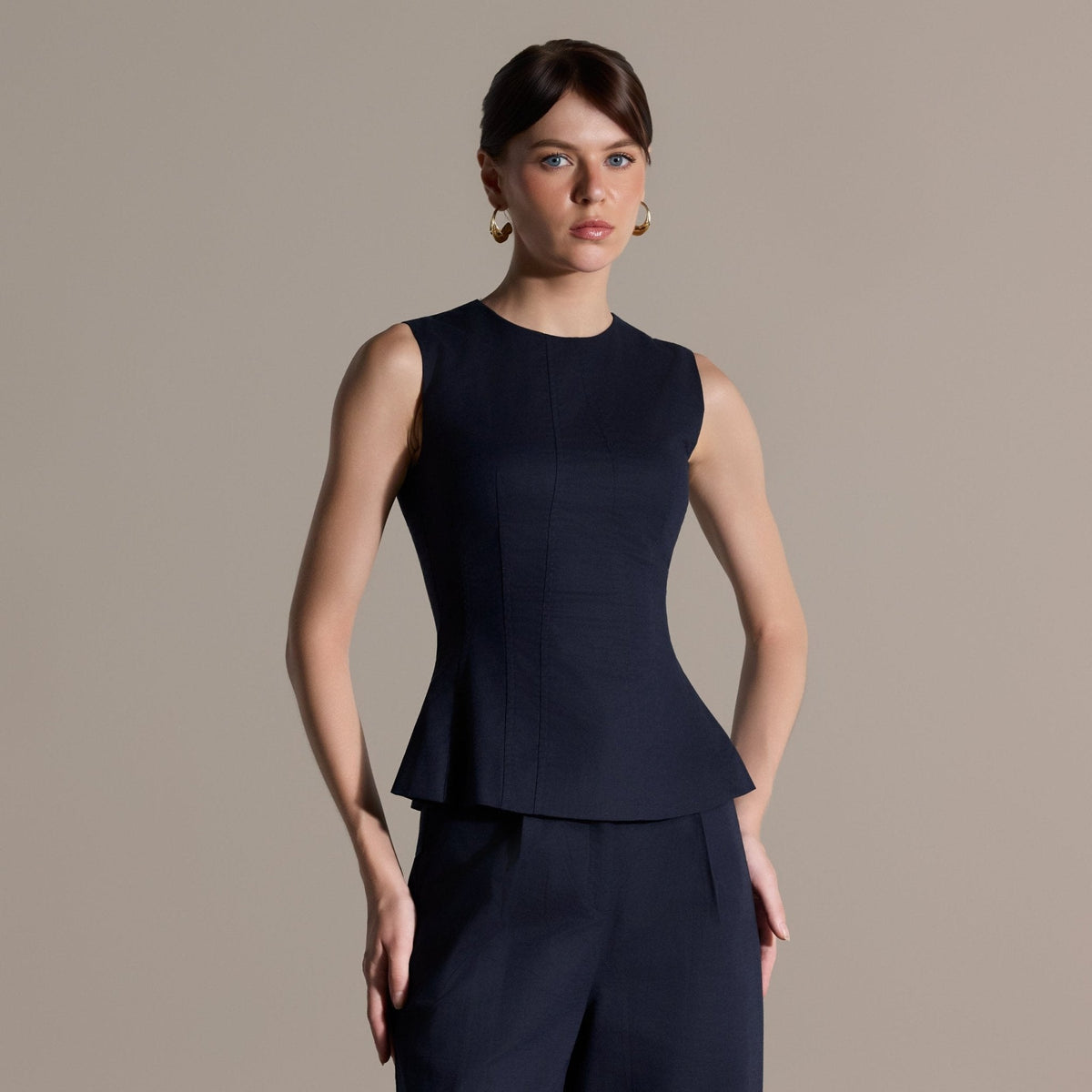 Linen Navy Sleeveless Round Neck Top - shopaleena