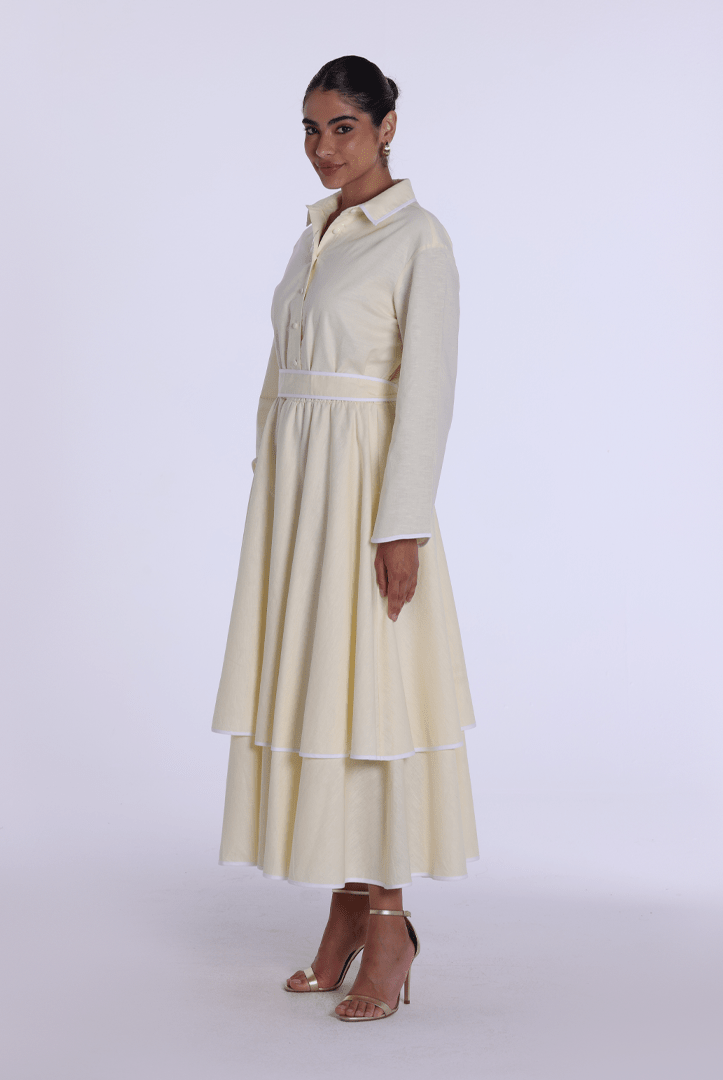 Linen Piping Long Sleeve Dress - shopaleena