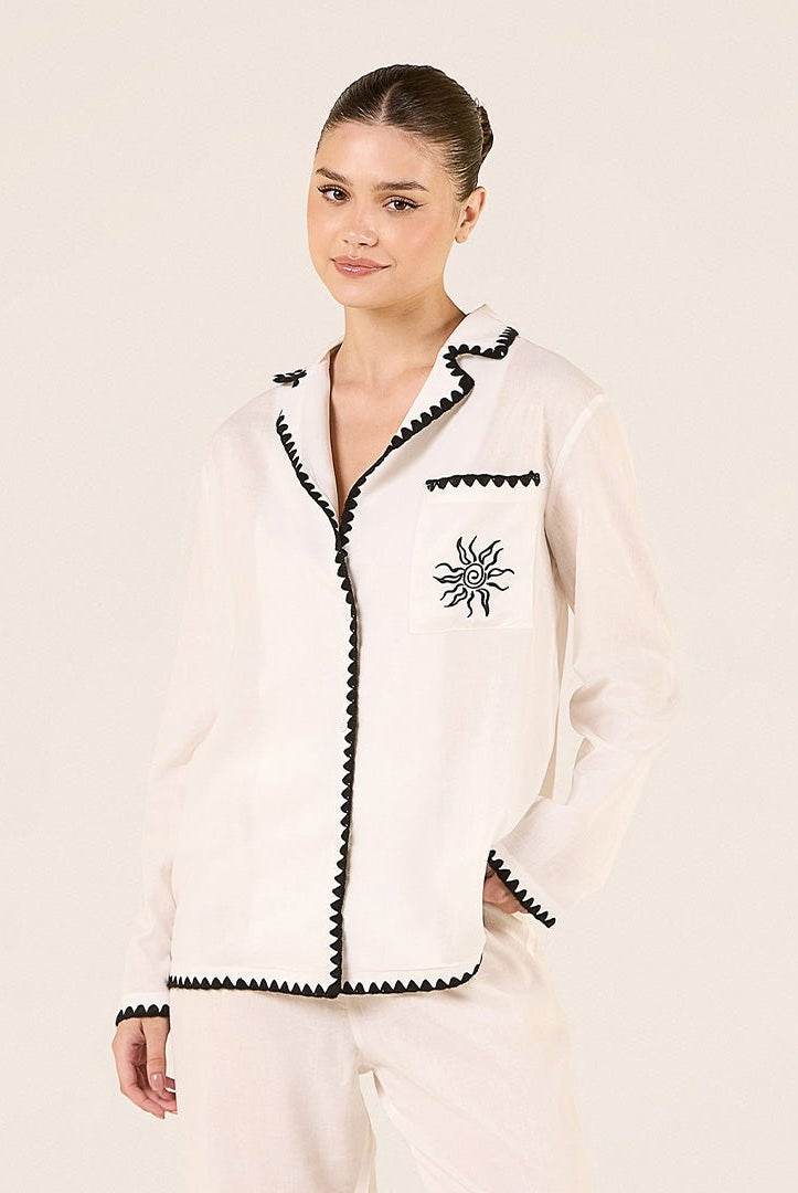 Linen Stitch Trim Long Sleeve Shirt - shopaleena