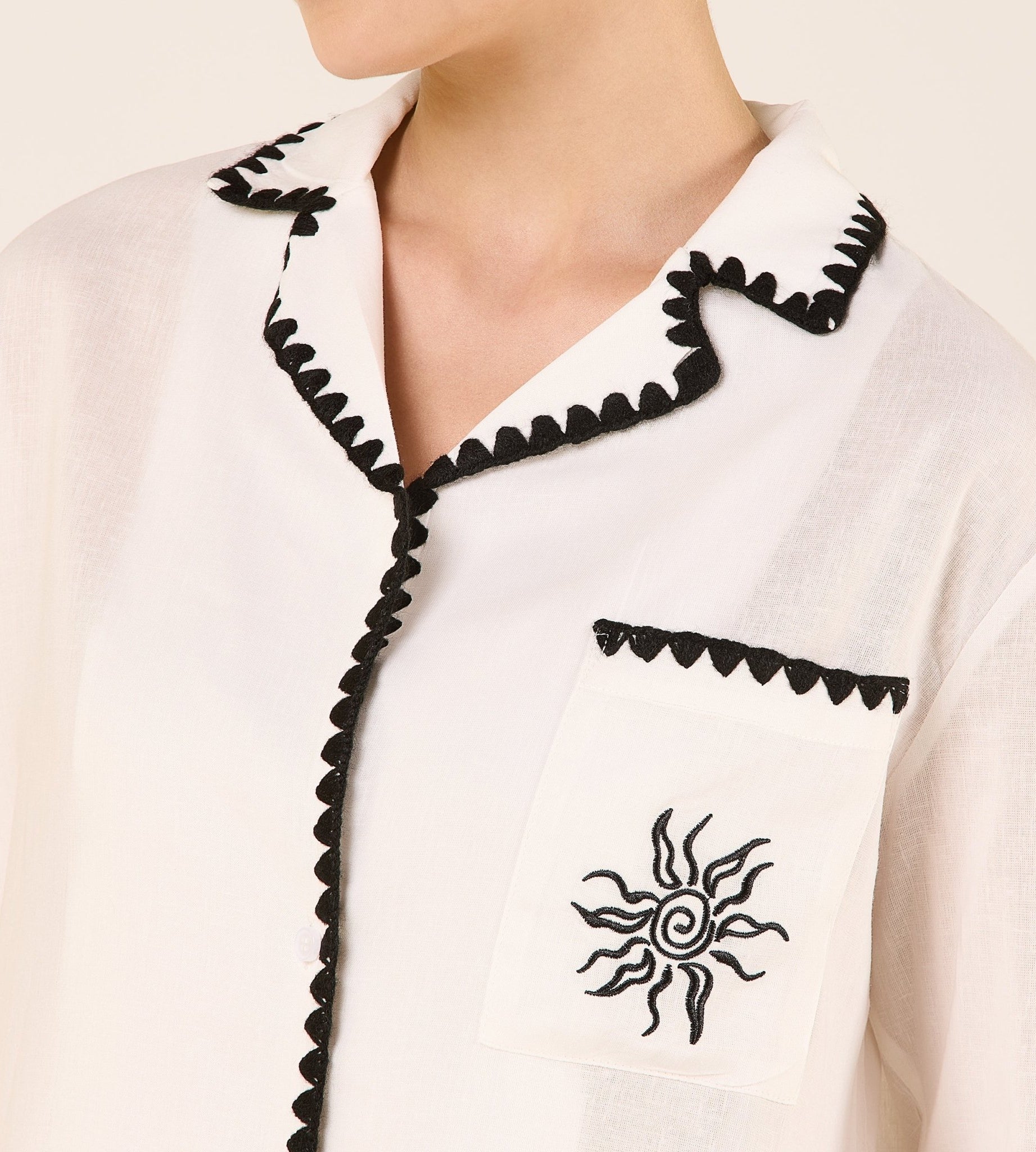 Linen Stitch Trim Long Sleeve Shirt - shopaleena