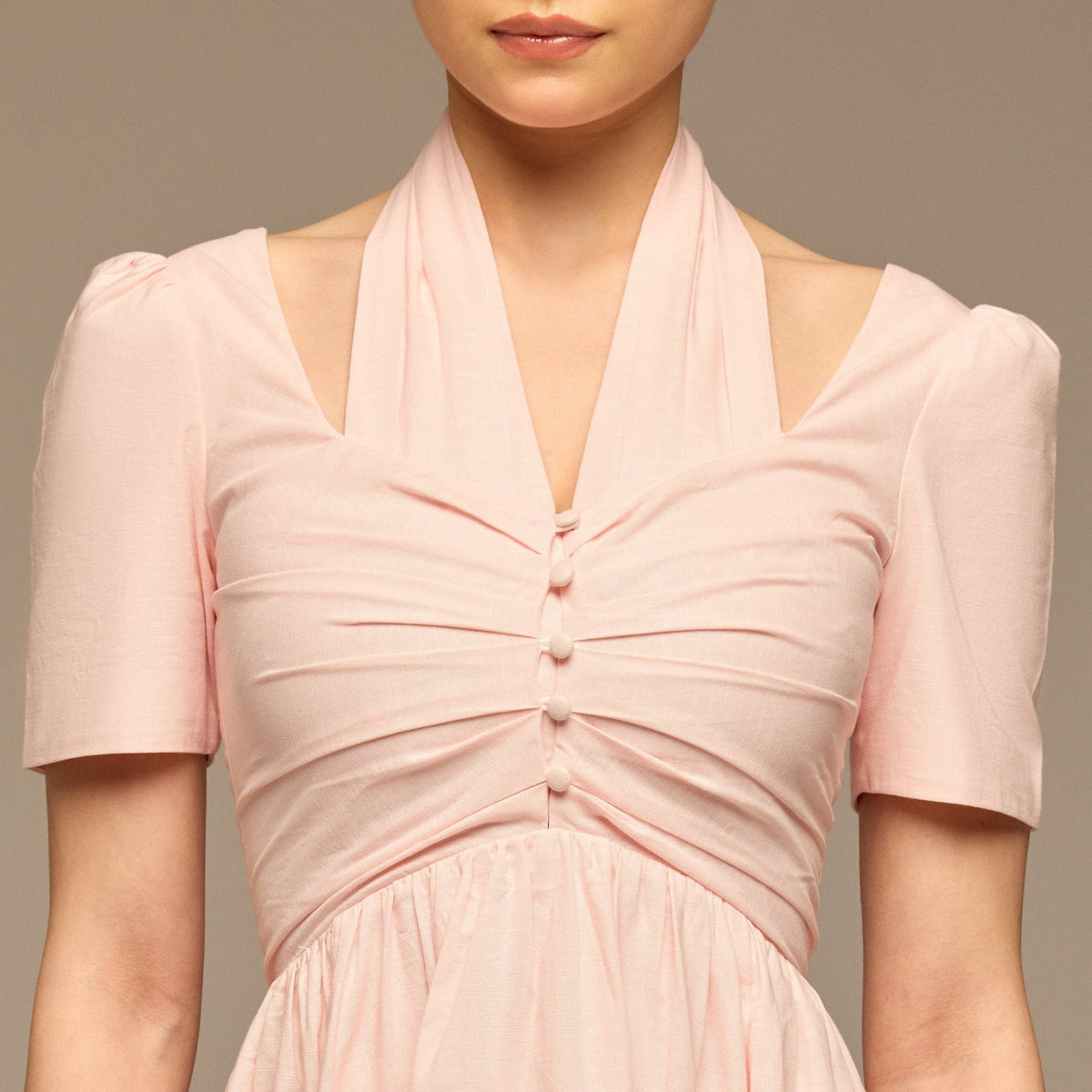 linen V-Neck Button-Front Dress - shopaleena