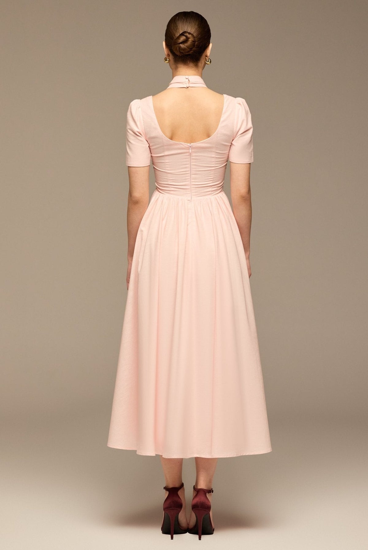 linen V-Neck Button-Front Dress - shopaleena