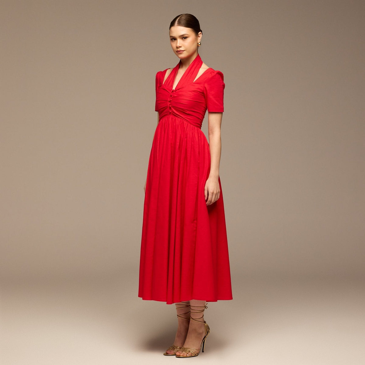 linen V-Neck Button-Front Dress - shopaleena